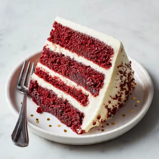 A slice of red velvet cake with three layers of dark red, moist cake separated by two thick layers of smooth white cream cheese frosting, all coated with a thin layer of the same frosting on the outside edges. The cake slice sits on a white plate with a few small gold dots near the edge, placed on a white marbled surface. A silver fork rests next to the slice on the plate. The texture of the cake is soft and crumbly, and the cream cheese frosting is creamy and slightly glossy. Photo taken with an iphone --ar 4:5 --v 7