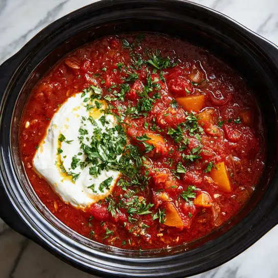 A shiny black slow cooker pot filled with a red tomato sauce, showing visible chunks of tomatoes and pieces of garlic scattered across the surface. On the right side, there are orange-colored pieces that look like sliced carrots or peppers mixed into the sauce. A large dollop of smooth white cream or cheese sits on the left side, and finely chopped green herbs are sprinkled evenly over the sauce and cream. The pot is set on a white marbled surface, and soft natural light highlights the textures and colors of the ingredients, photo taken with an iphone --ar 4:5 --v 7