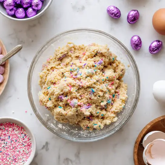 A clear glass bowl filled with light beige cookie dough mixed with small, colorful sprinkles scattered throughout, showing a rough, slightly crumbly texture. The bowl is placed on a white marbled surface, with a small white bowl of pink and white sprinkles visible in the lower right corner, a white bowl filled with pink candy next to that, and a white plate with a smaller wooden bowl holding a cracked white eggshell in the upper right corner. Several small, shiny purple-wrapped chocolates are scattered near the top center of the image. Photo taken with an iphone --ar 4:5 --v 7