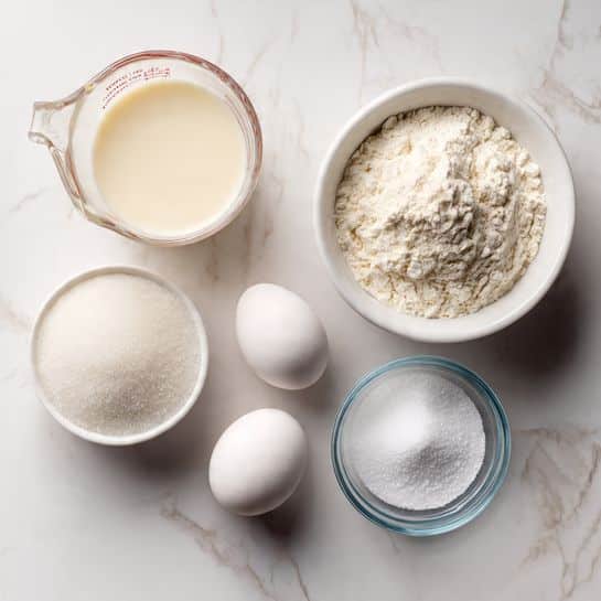 The image shows six small containers and two eggs arranged on a white marbled surface. In the top left is a glass measuring cup filled with a creamy liquid, next to it on the right is a white bowl full of white flour with a slightly rough texture. Below the flour, there is a white bowl filled with fine white sugar. Between the sugar bowl and the flour bowl are two whole white eggs with smooth shells. On the right side of the eggs is a small clear glass bowl holding a combination of white powdery baking soda and salt. The setting is neat and simple, with all containers and items clearly visible. Photo taken with an iphone --ar 4:5 --v 7
