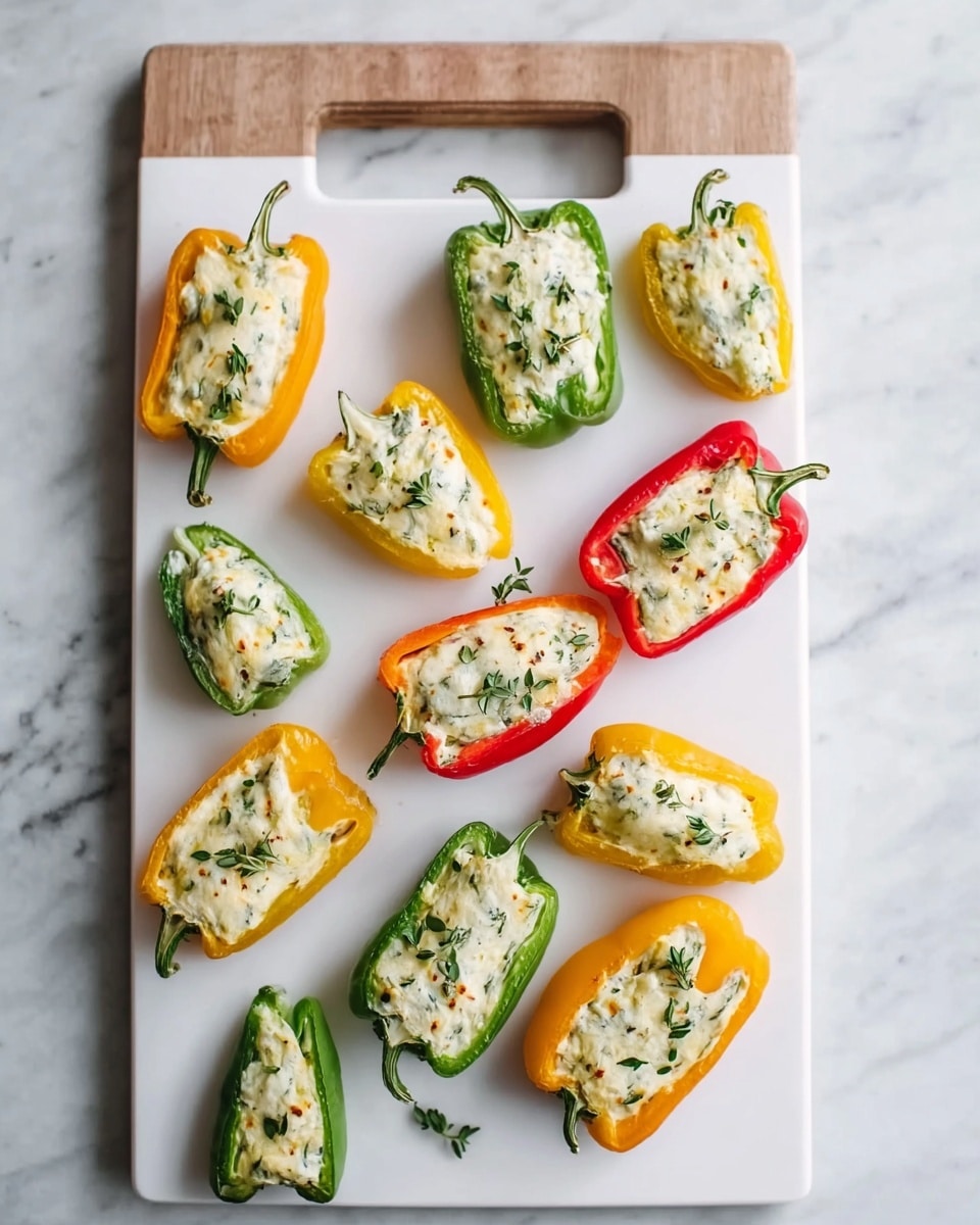 The image shows a white rectangular cutting board with a handle at the top, placed on a white marbled surface. On the board, there are eleven stuffed pepper halves arranged randomly but spread evenly. The peppers come in three colors: green, red, and yellow-orange. Each pepper half is filled with a creamy white mixture and sprinkled with small green herb leaves, likely thyme. The textures of the filling look smooth with some small chunks visible, adding visual interest to the surface of the filling. The colors of the peppers are bright and fresh, contrasting nicely with the white filling and the cutting board. Photo taken with an iphone --ar 4:5 --v 7