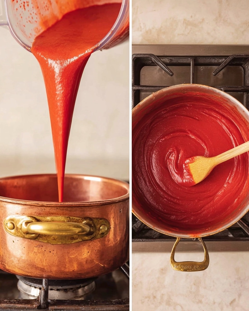 Strawberry Layer Cake with Cream Cheese Frosting Recipe 4 The image shows two side-by-side photos of a cooking scene; the left side captures a bright red, smooth sauce being poured from a blender into a worn copper pot with a golden handle on a gas stove, and the right side shows the pot from above with the red sauce being stirred by a wooden spoon, creating a soft swirl texture on the surface of the sauce. The stove and background feature a white marbled texture. Photo taken with an iphone --ar 4:5 --v 7