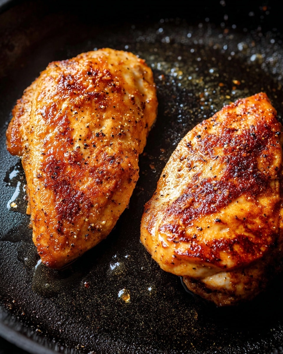 Two pieces of golden brown cooked chicken with a crispy, slightly charred texture sit side by side in a black cast iron pan. The chicken has a rich, warm color with specks of black pepper and spices scattered across the surface. The pan has small droplets of oil and a glistening shine that makes the chicken look juicy and hot. The background shows the dark pan surface, enhancing the vibrant, textured look of the chicken. Photo taken with an iphone --ar 4:5 --v 7