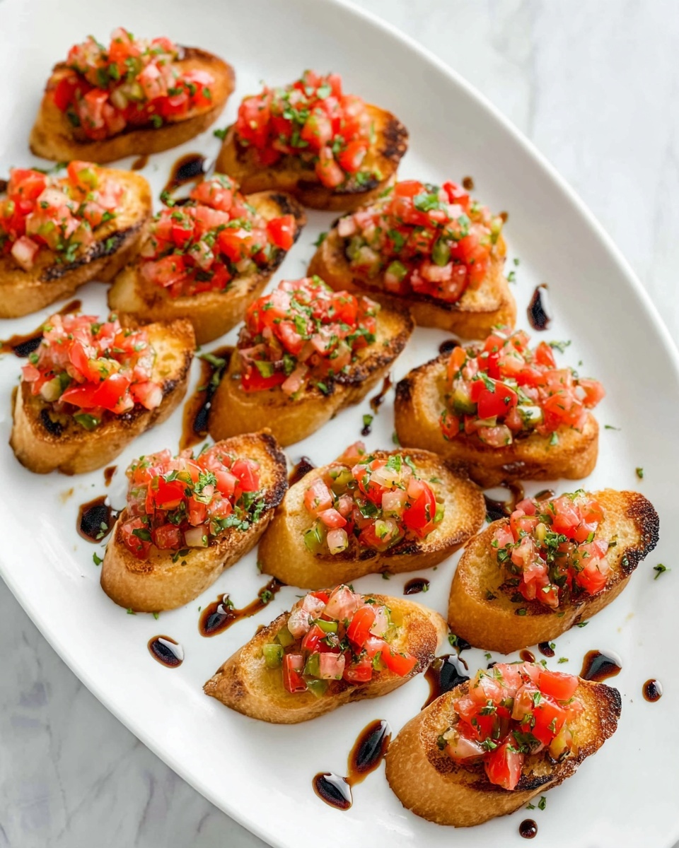 The image shows two pieces of bruschetta on a white plate with a white marbled surface background. Each piece has three clear layers: the base is a toasted, golden-brown bread slice with a slight crisp texture; the middle layer is a mix of bright red diced tomatoes and thinly sliced fresh green basil leaves; the top layer is a dark brown, glossy balsamic glaze drizzled unevenly over the tomatoes and basil. The colors are vibrant, and the textures range from soft juicy tomatoes to the crunchy bread, with the glaze adding shine. Photo taken with an iphone --ar 4:5 --v 7