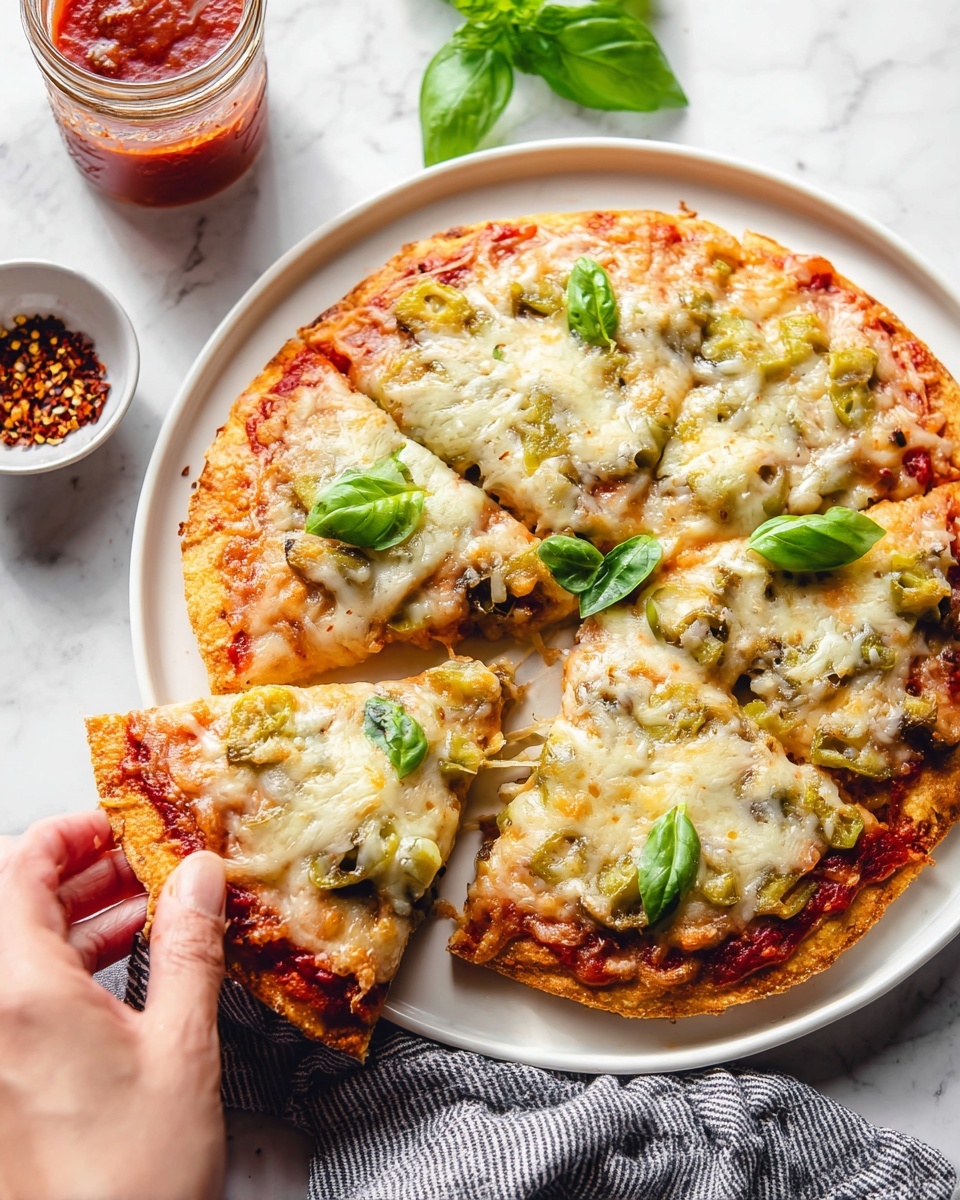 The image shows a round pizza on a white plate, sitting on a white marbled surface. The pizza has one main layer of golden-brown crust, topped with a thin layer of red tomato sauce. Above that is a thick layer of melted white cheese mixed with small pieces of green bell pepper and sliced green olives. Fresh green basil leaves are scattered on top as the final layer, adding vibrant color. A woman's hand is lifting one slice from the right side, showing the crispy bottom crust. In the background, there is a clear jar of red sauce and a small white bowl of red chili flakes near fresh basil leaves. A gray and white striped cloth is slightly visible under the plate. Photo taken with an iphone --ar 4:5 --v 7