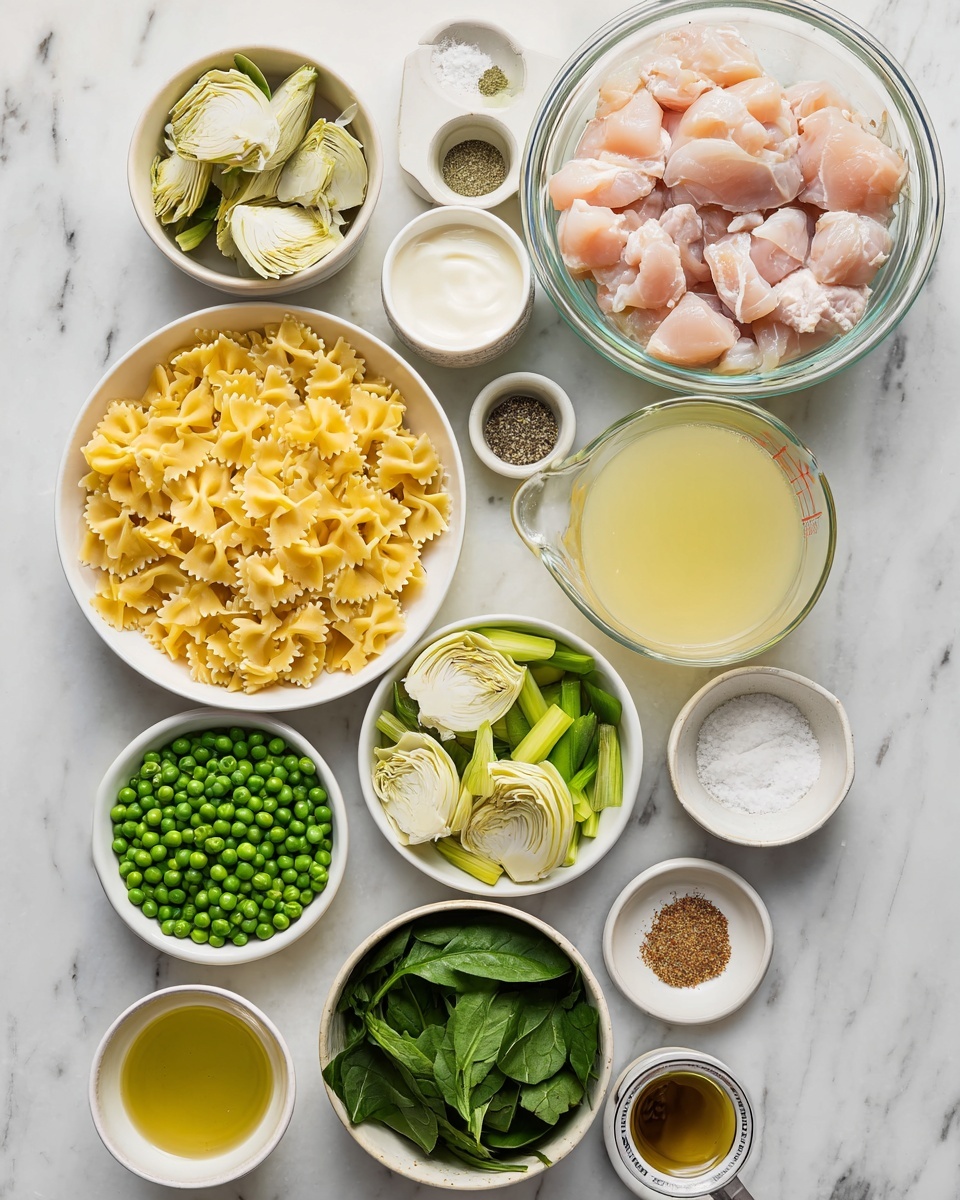 This image shows 13 bowls and cups with different food ingredients arranged close together on a white marbled surface. At the top right, there is a large glass bowl filled with raw, light pink chicken pieces. To its right is a glass measuring cup with light yellow broth. Below the chicken bowl, a white bowl holds uncooked yellow bowtie pasta. Around these main items are smaller containers: a small bowl with green chopped asparagus pieces on the right, a white cup filled with sliced pale green leeks below the asparagus, a bowl of pale yellow artichoke hearts at the bottom left, a bowl of frozen green peas to the left of the artichokes, a small bowl of fresh dark green spinach leaves above the peas, a small container with a white creamy spread near the middle, a larger white bowl with creamy white liquid above that, and three small dishes containing white salt crystals, ground black pepper, olive oil, and a ground brown spice powder in the center. The arrangement is neat, with different colors and textures clearly visible. Photo taken with an iphone --ar 4:5 --v 7