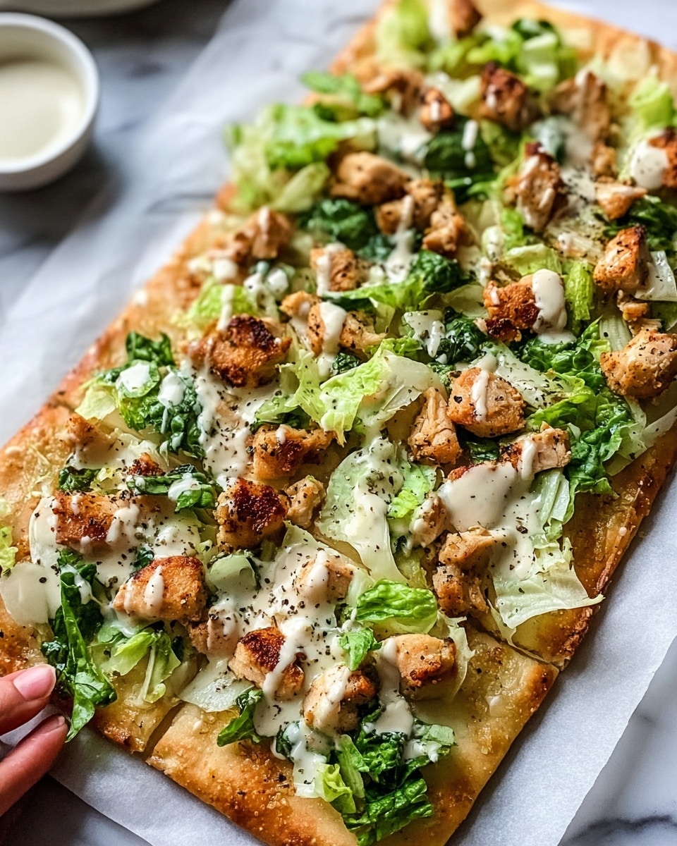 A rectangular flatbread sits on white parchment paper against a white marbled surface, topped with many green leafy lettuce pieces covering the base layer. Over the lettuce, small, browned chunks of cooked chicken are spread evenly, showing a golden-baked texture. Light-colored sauce is drizzled over the chicken and lettuce, with some of it pooling slightly on the parchment. The flatbread crust is golden-brown and crispy around the edges. A woman’s hand can be seen gently holding one corner of the flatbread. Photo taken with an iphone --ar 4:5 --v 7