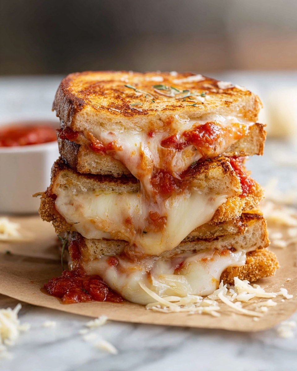 A thick sandwich stacked in three layers of toasted bread with a golden brown crust on top and bottom. Between the bread layers, there is melted, stretchy white cheese mixed with a rich red tomato sauce dripping out, adding vibrant red and creamy white colors. The middle layer also shows a crispy textured piece, possibly fried, adding a golden brown color inside the sandwich. It sits on a light brown paper on a white marbled surface with some cheese bits scattered nearby. In the background, slightly blurred, there is a small white bowl with red sauce. Photo taken with an iphone --ar 4:5 --v 7