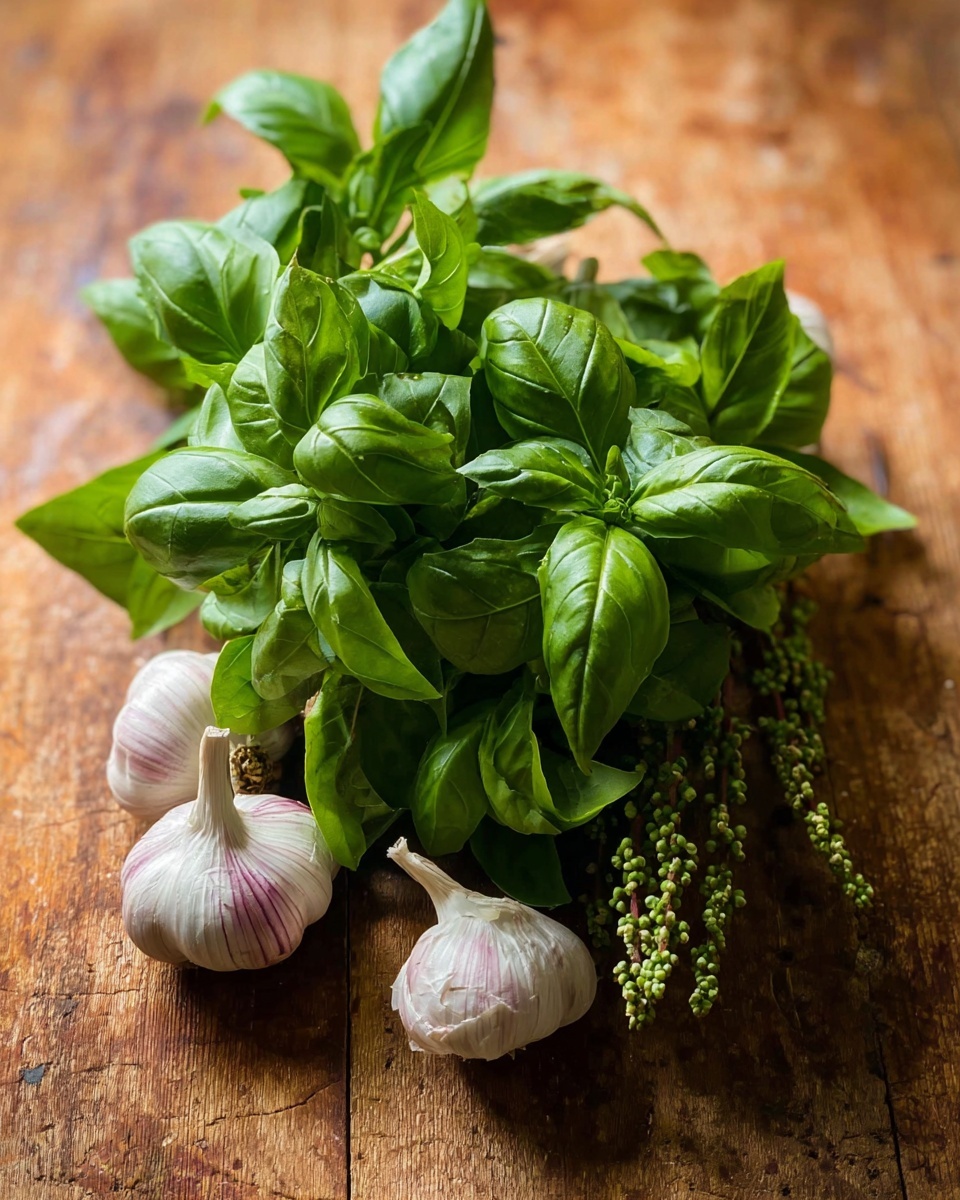 Butter Ramen Noodles Recipe 4 A close-up image of a bunch of fresh green basil leaves with smooth, slightly shiny texture piled in the center, showing different green shades and small buds on some stems. Around the basil, there are four garlic bulbs with white and light purple skins, placed on a rustic wooden surface with warm brown tones and visible grain. The lighting is soft, creating gentle shadows and highlights, emphasizing the fresh and natural look. The scene has a natural and simple kitchen feel. Photo taken with an iphone --ar 4:5 --v 7