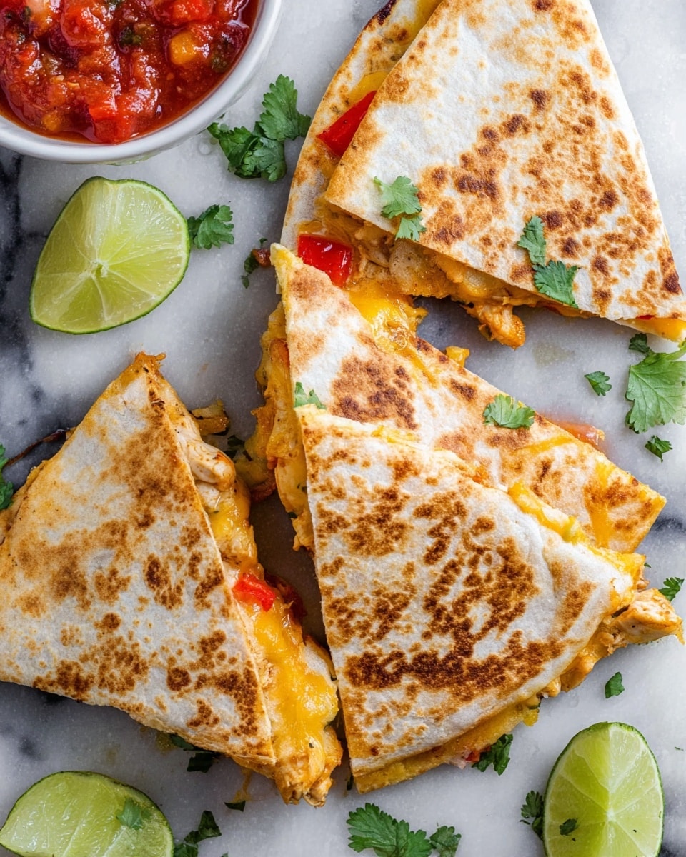 The image shows three golden-brown toasted quesadilla triangles with a slightly crispy texture on a white marbled surface. The quesadillas are filled with melted yellow cheese and small pieces of cooked chicken and red bell pepper, seen oozing slightly between the layers. There are fresh green cilantro leaves scattered around, along with four bright green lime wedges placed near the quesadillas. In the top left corner, part of a white bowl with chunky red salsa is visible, adding a splash of vibrant color to the composition. Photo taken with an iphone --ar 4:5 --v 7