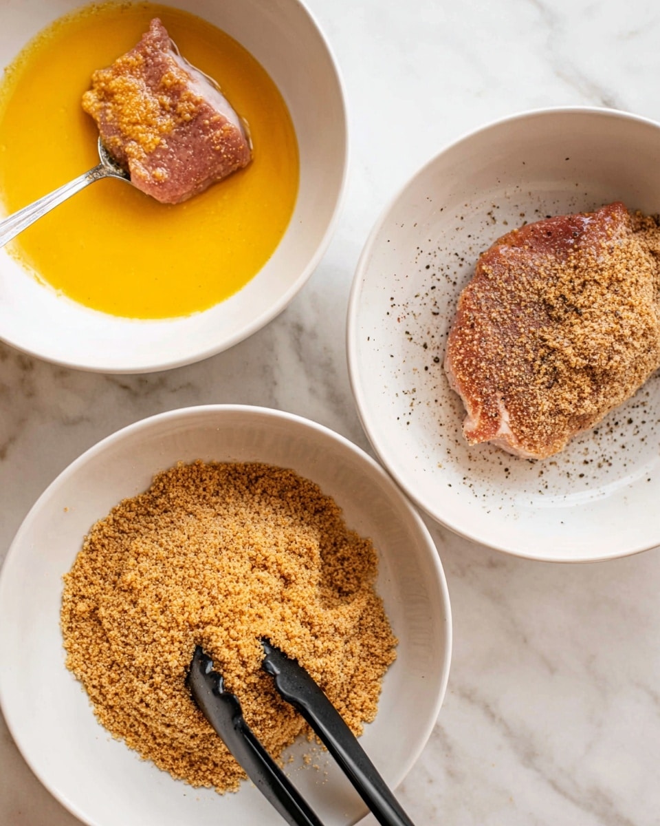 The image shows three white bowls on a white marbled surface, each with a different cooking step for breading meat. The top right bowl contains a piece of raw meat seasoned with black pepper. The top left bowl has a piece of meat being dipped in a bright yellow egg wash, with the texture of the yolk clearly visible. The bottom bowl holds coarse, golden-brown breadcrumbs, with a piece of meat being pressed into the crumbs using black and silver tongs. The bowls are arranged in a gentle triangle, showing the process from seasoning to egg wash to breadcrumb coating. photo taken with an iphone --ar 4:5 --v 7