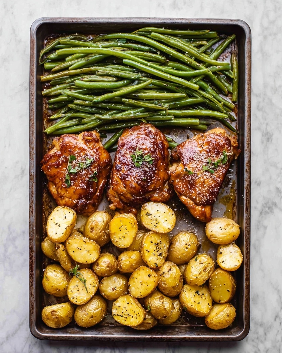 A rectangular baking tray holds a meal with three layers arranged in rows: at the top, a row of bright green cooked green beans with a slight shine and sprinkled with a light white powder, in the middle, three pieces of glossy, richly browned chicken, each with a few small green herb leaves on top, and at the bottom, a layer of golden roasted baby potatoes cut into halves, showing a crispy texture and seasoned with small black pepper spots. The tray sits on a white marbled surface. photo taken with an iphone --ar 4:5 --v 7