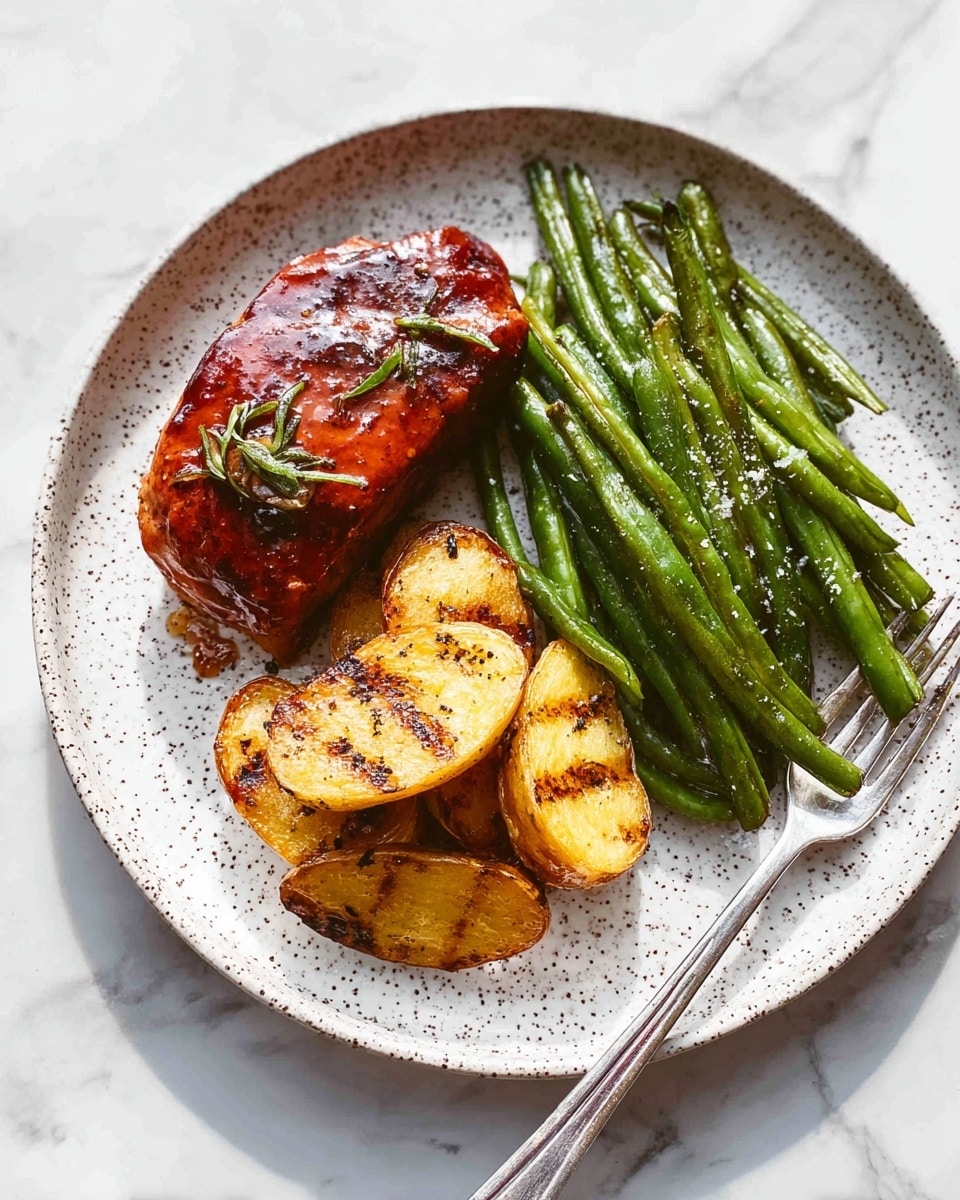 A white speckled plate with three layers: on the left, a shiny glazed piece of cooked meat with a reddish-brown sauce and a small green herb on top; on the bottom, golden brown roasted potato slices with grilled marks, slightly stacked; on the right, a pile of bright green cooked green beans sprinkled lightly with salt, with a silver fork placed on the plate next to the beans. The plate is set on a white marbled surface. photo taken with an iphone --ar 4:5 --v 7