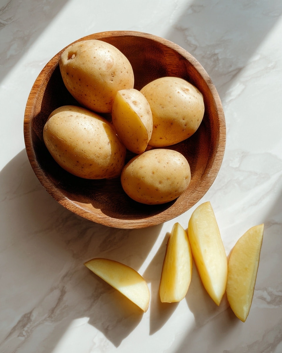 The image shows a wooden bowl filled with several round, light-brown potatoes with a smooth texture. Next to the bowl, on a white marbled surface, there are several potato wedges with a pale yellow color. The scene is softly lit, showing a natural and fresh look to the potatoes. Photo taken with an iphone --ar 4:5 --v 7