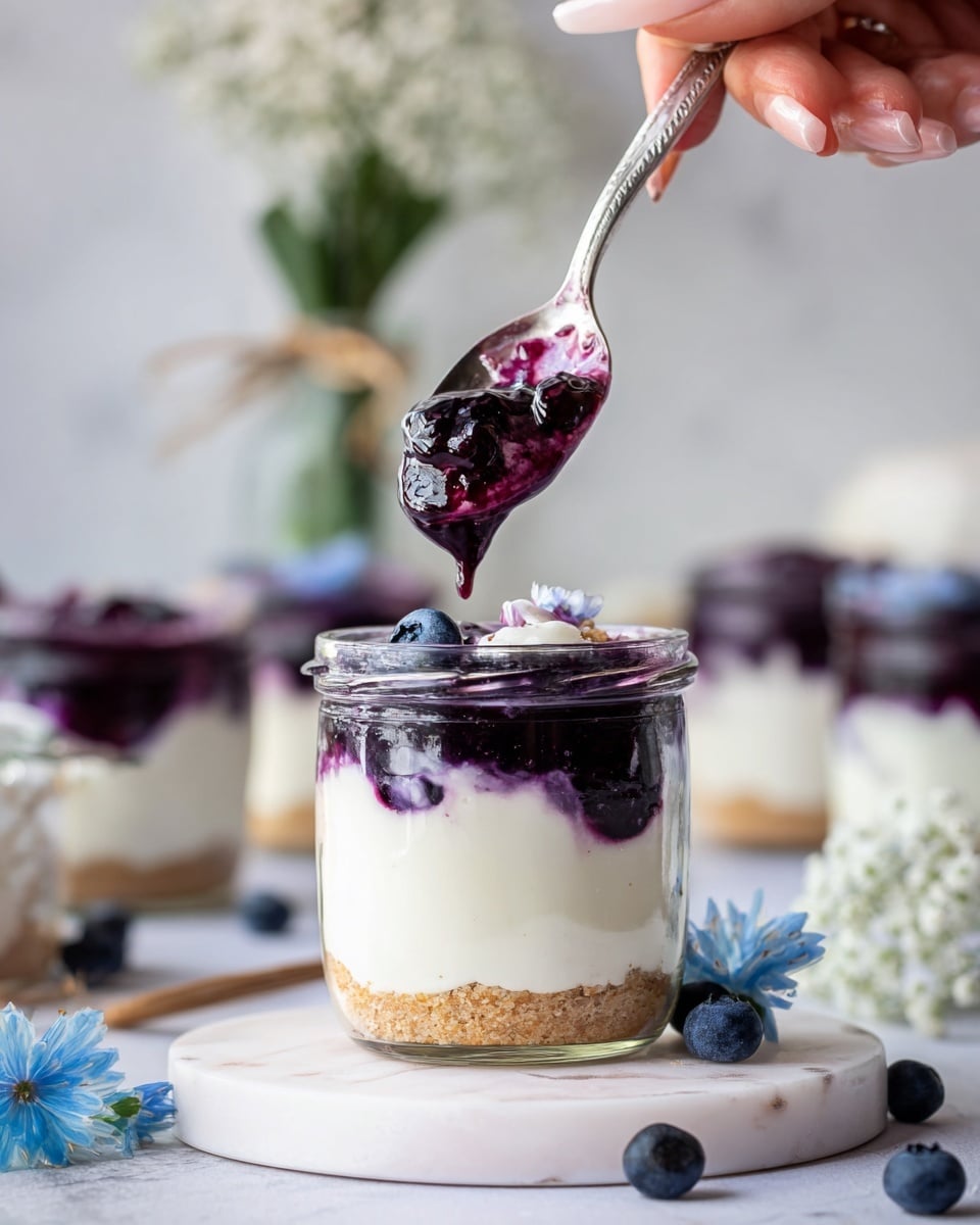 The image shows a small glass jar with three clear layers: the bottom layer is a crumbly light brown crust, the middle layer is a thick smooth white cream, and the top layer is a glossy dark purple blueberry sauce with a few whole blueberries on it. A woman's hand holds a silver spoon lifting a portion showing all three layers clearly. The jar sits on a round white marble coaster against a blurred white marbled background with blue flowers and scattered blueberries around. Photo taken with an iphone --ar 4:5 --v 7