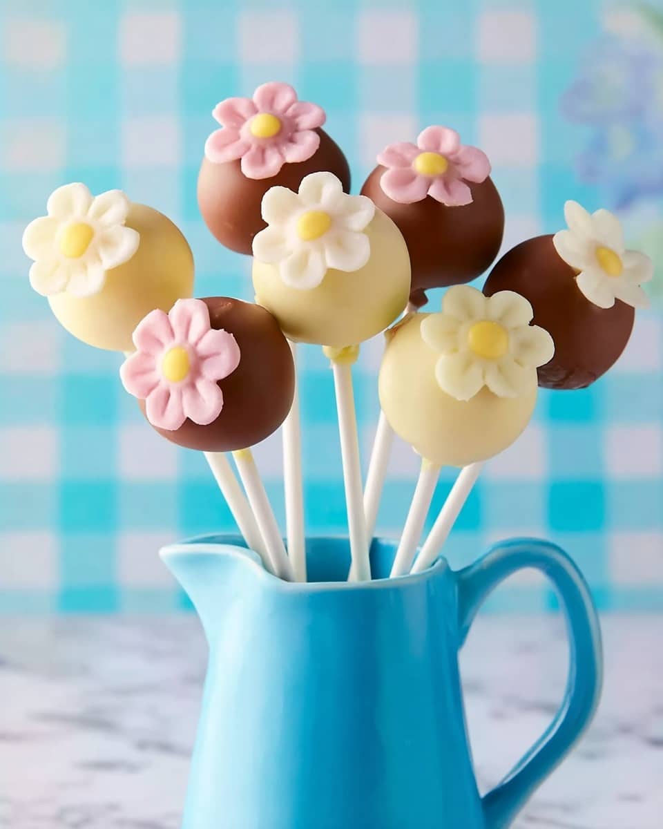 The image shows seven round cake pops on white sticks arranged inside a small bright blue pitcher against a white marbled surface. Each cake pop has a smooth chocolate coating in either light yellow or dark brown color. On top of each cake pop, there is a flat flower decoration with five rounded petals and a small round center, in soft pastel colors of pink, white, yellow, and cream. The overall look is playful and colorful with a smooth and shiny texture on the cake pops and a matte texture on the flower shapes. The background has blurry pastel blue and white checkered pattern. Photo taken with an iphone --ar 4:5 --v 7