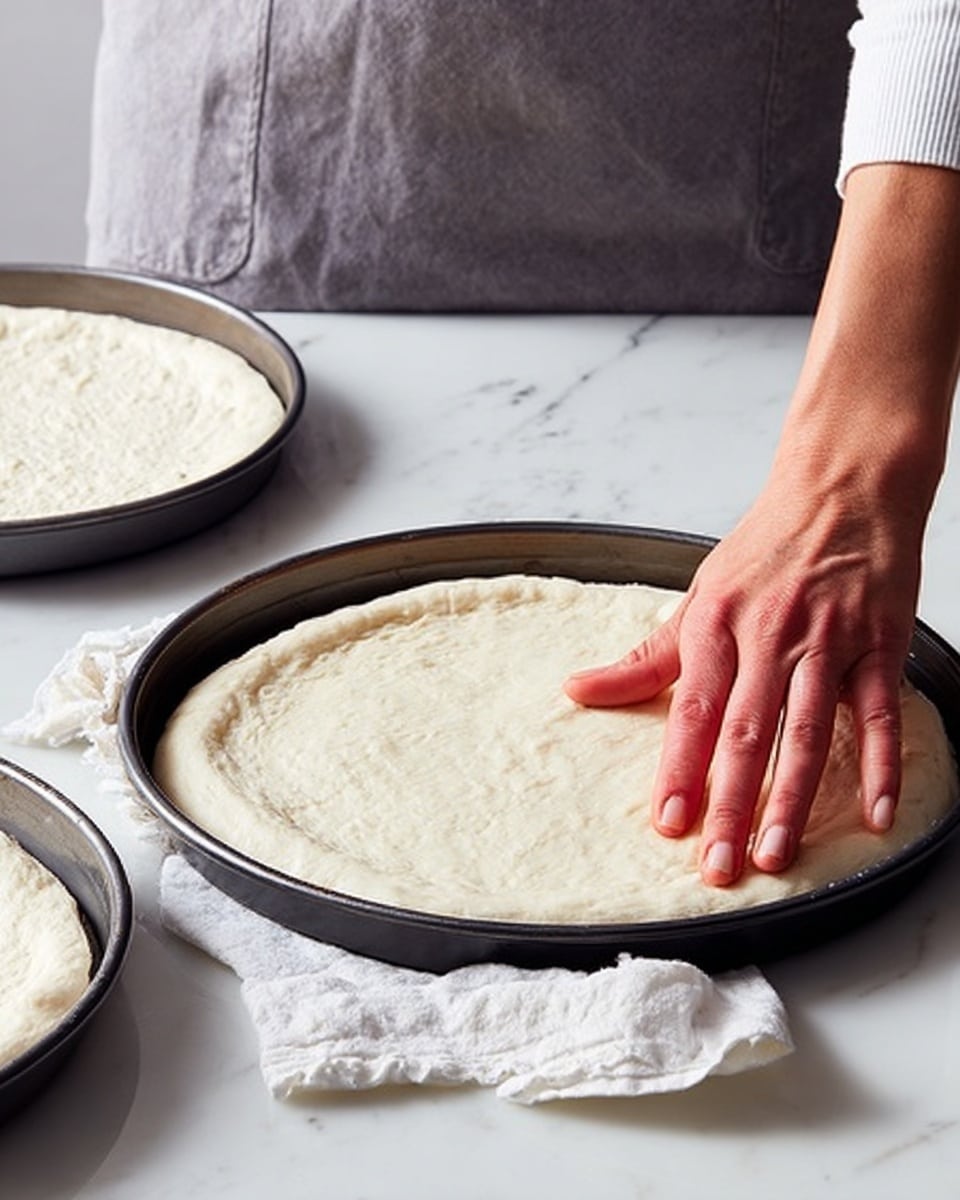 A woman's hand presses the edge of a round, pale dough spread on a black baking pan on a white marbled surface. The dough has an even thickness and soft texture with slight indentations from the woman's hand. A white cloth rests nearby, and another baking pan with similar dough is partially visible on the left side. The person wears a gray apron and a white long-sleeve shirt, and only the lower arms and torso are visible. photo taken with an iphone --ar 4:5 --v 7