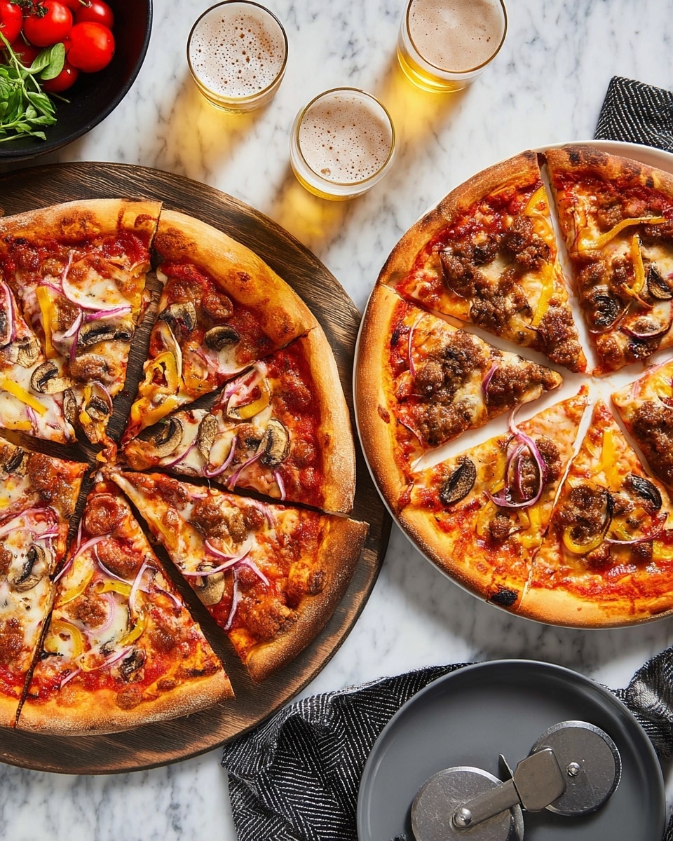 Two pizzas are shown on a white marbled surface; the pizza on the left is cut into eight slices and placed on a round wooden board with a golden-brown crust. It has a bright red tomato sauce base, melted white cheese, slices of mushrooms, rings of yellow bell pepper, and thin strips of red onion spread evenly on top. The pizza on the right is whole, on a white plate, with a slightly thicker golden crust. It is topped with orange-red tomato sauce, melted white cheese, browned sausage chunks, sliced mushrooms, thin rings of red onion, and small dark toppings that look like peppercorns, arranged in a balanced way. Three glasses of light golden beer are nearby along with a gray plate, a metal pizza cutter with a wooden handle, a folded black and white cloth, and a black bowl holding bright red tomatoes and green herbs. photo taken with an iphone --ar 4:5 --v 7
