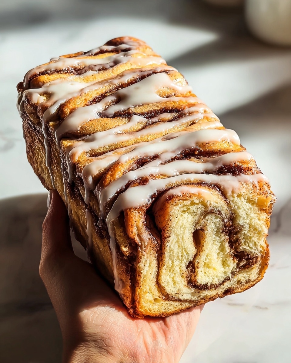 A square-shaped cinnamon roll loaf is held by a woman's hand, showing multiple soft, thick layers of light yellow dough with dark cinnamon swirls running through each layer. The top and sides of the loaf are drizzled with white icing that adds a glossy texture and lightly covers the ridges of the cinnamon layers. The background is a white marbled surface with soft natural light creating gentle shadows around the loaf, highlighting its moist and fluffy texture. Photo taken with an iphone --ar 4:5 --v 7