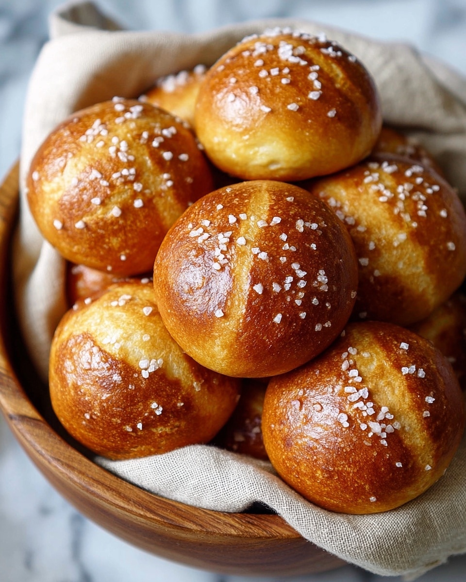 A wooden bowl lined with a beige cloth holds about ten round, golden-brown pretzel rolls. Each roll has a shiny, smooth top with soft cracks and is sprinkled with large white salt crystals, giving a crunchy texture. The buns are closely stacked inside the bowl. The background is a white marbled texture. photo taken with an iphone --ar 4:5 --v 7