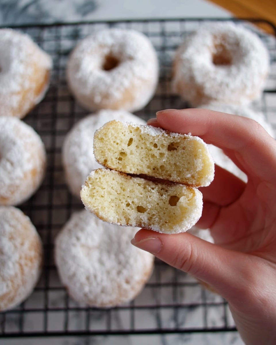 A woman's hand holds a small white powdered doughnut, broken in half to show a light yellow, soft and airy inside with small air holes; in the background, several whole doughnuts covered in white powdered sugar sit on a black wire rack placed on a white marbled surface. photo taken with an iphone --ar 4:5 --v 7