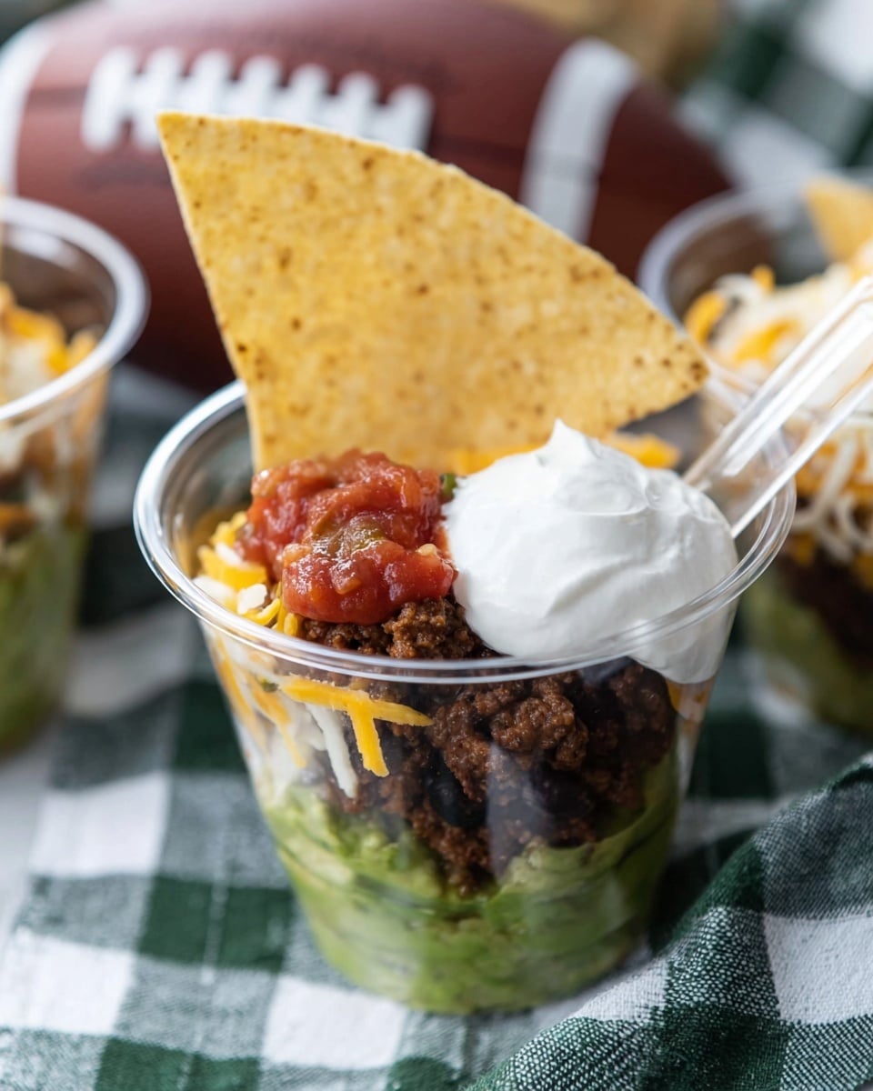 A clear cup shows four layers of food. The bottom layer is green, creamy guacamole with a smooth texture. Above it is a layer of dark brown cooked ground meat mixed with shredded yellow and white cheese. On top of the meat is a bright red salsa with small chunks. A dollop of smooth white sour cream sits right next to the salsa. In the cup, a large light tan tortilla chip stands upright, leaning out at an angle. A clear plastic spoon is placed inside the cup. The background has a white marbled surface with a blurred football and a green and white checkered cloth. Photo taken with an iphone --ar 4:5 --v 7