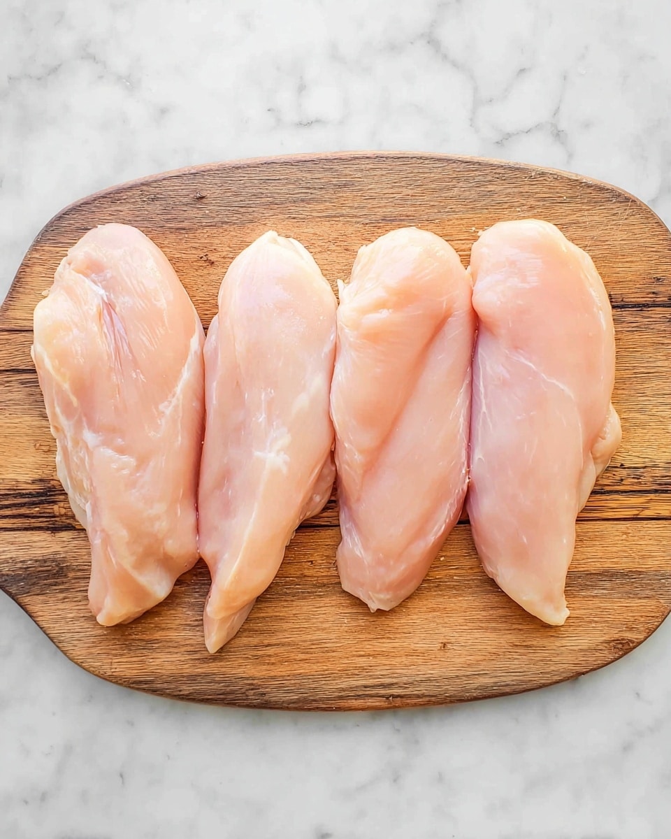 Four raw chicken pieces are placed side by side on an oval wooden cutting board. Each piece is pale pink with a smooth, slightly shiny texture. The board is set on a white marbled surface. The chicken pieces vary slightly in size but are similar in shape, showing natural muscle lines and slight fat traces. The overall image is bright and clean, focusing on the chicken arrangement. Photo taken with an iphone --ar 4:5 --v 7