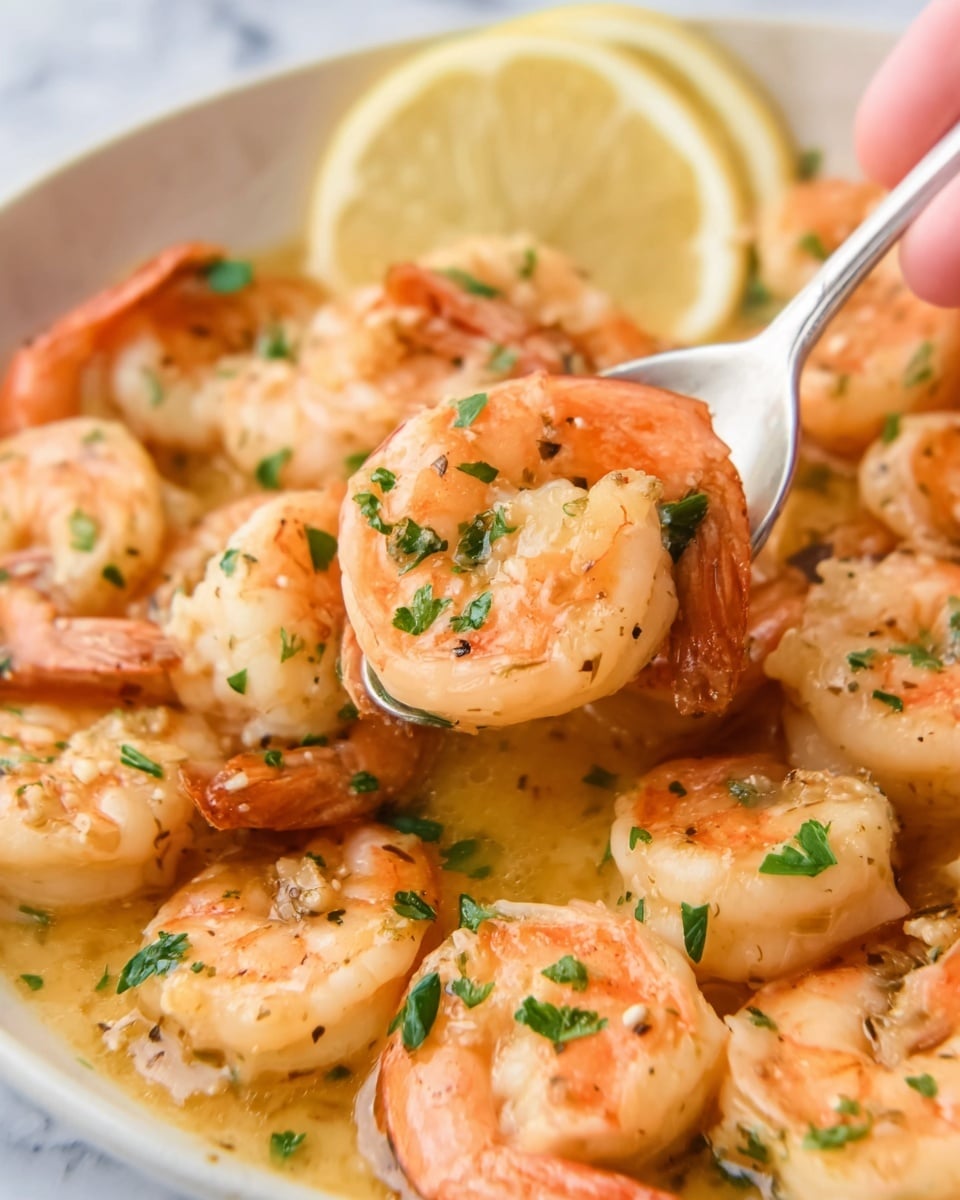 The image shows a close-up of cooked shrimp in a sauce. The shrimp are light pink with orange hints and have a slightly shiny, smooth texture. They are mixed with small green parsley pieces scattered on top. A white spoon with shrimp inside is partially visible, held by a woman's hand. A lemon slice is placed on the upper right side. The background is a white marbled surface. Photo taken with an iphone --ar 4:5 --v 7