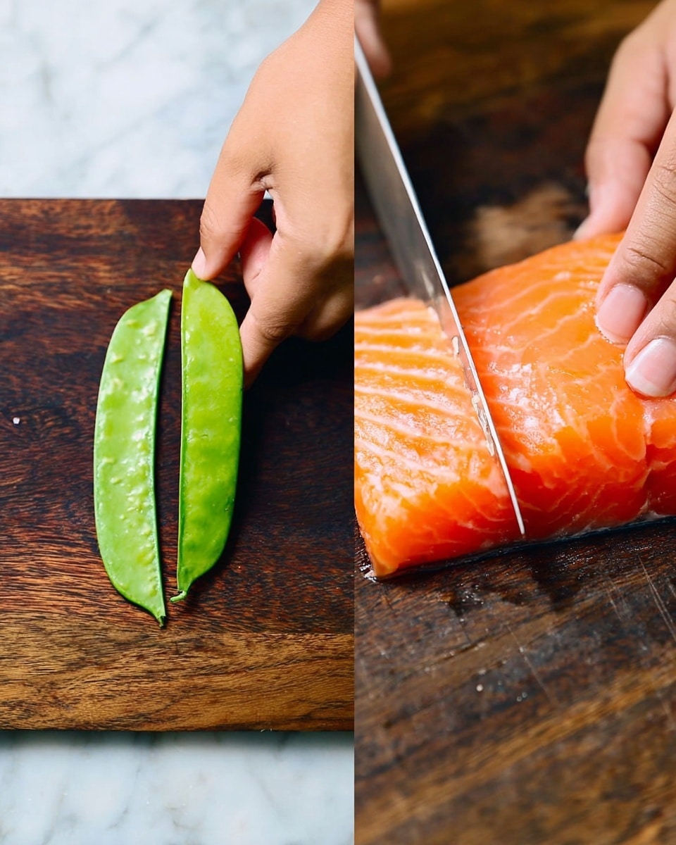 The image shows two close-up scenes side by side. On the left, a woman's hand holds a bright green snap pea against a dark wooden cutting board while a knife slices the pod lengthwise, revealing its smooth texture and tiny peas inside. On the right, a woman's hand is carefully slicing a piece of fresh, orange salmon fillet on the same dark wooden cutting board, with thin, even layers of the fish falling slightly away from the main piece, highlighting its moist and delicate texture. The background is a white marbled surface. photo taken with an iphone --ar 4:5 --v 7