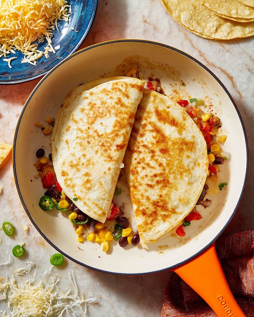 Two golden brown folded tortillas are in a white pan with an orange handle, showing a crispy texture on top; bits of black beans, yellow corn, red bell pepper, and green jalapeño slices peek out from under the tortillas. The white marbled surface around the pan has scattered pieces of corn, green onion, and jalapeño slices. To the side, a blue plate holds shredded white and yellow cheese, and some plain tortillas lie nearby. The scene is softly lit and inviting. photo taken with an iphone --ar 4:5 --v 7