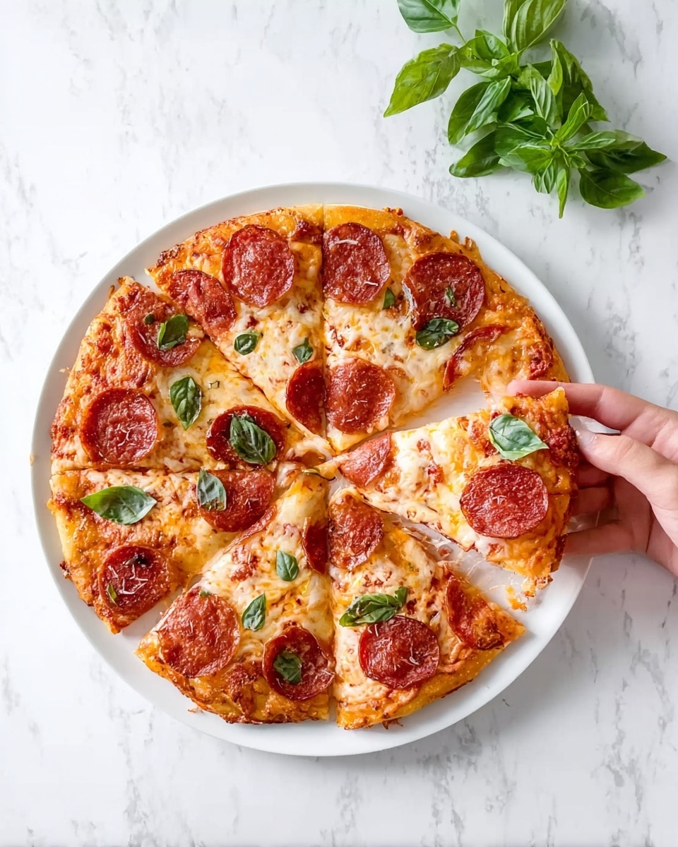 A round pizza with eight slices on a white plate, each slice topped with melted cheese, tomato sauce, and round pepperoni pieces that are bright red with slight browning on the edges. Fresh green basil leaves are scattered on top of the pizza, adding a pop of color. The pizza crust is golden brown and thin. A woman's hand is lifting one slice from the plate, showing the cheese stretching slightly. The scene is set on a white marbled surface with a small bunch of fresh basil leaves placed nearby. Photo taken with an iphone --ar 4:5 --v 7