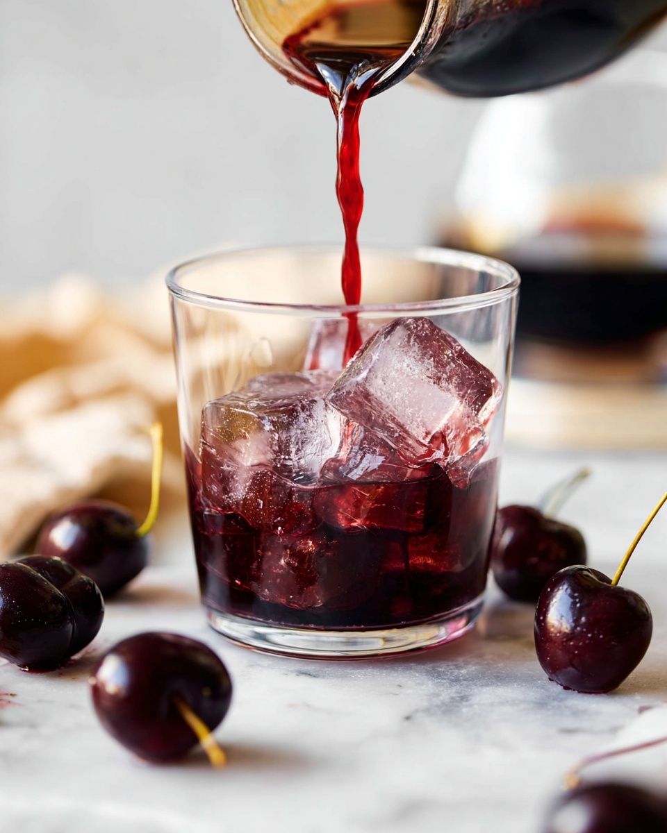A clear glass filled with several large, translucent ice cubes sits on a white marbled surface, with deep red cherry juice being poured into the glass from a dark container above. Surrounding the glass on the surface are a few fresh dark cherries, showing their shiny, smooth skins and yellow stems. The background is softly blurred, featuring a glass cup with dark liquid. The whole scene is bright with natural light highlighting the texture of the ice and richness of the cherry juice. photo taken with an iphone --ar 4:5 --v 7