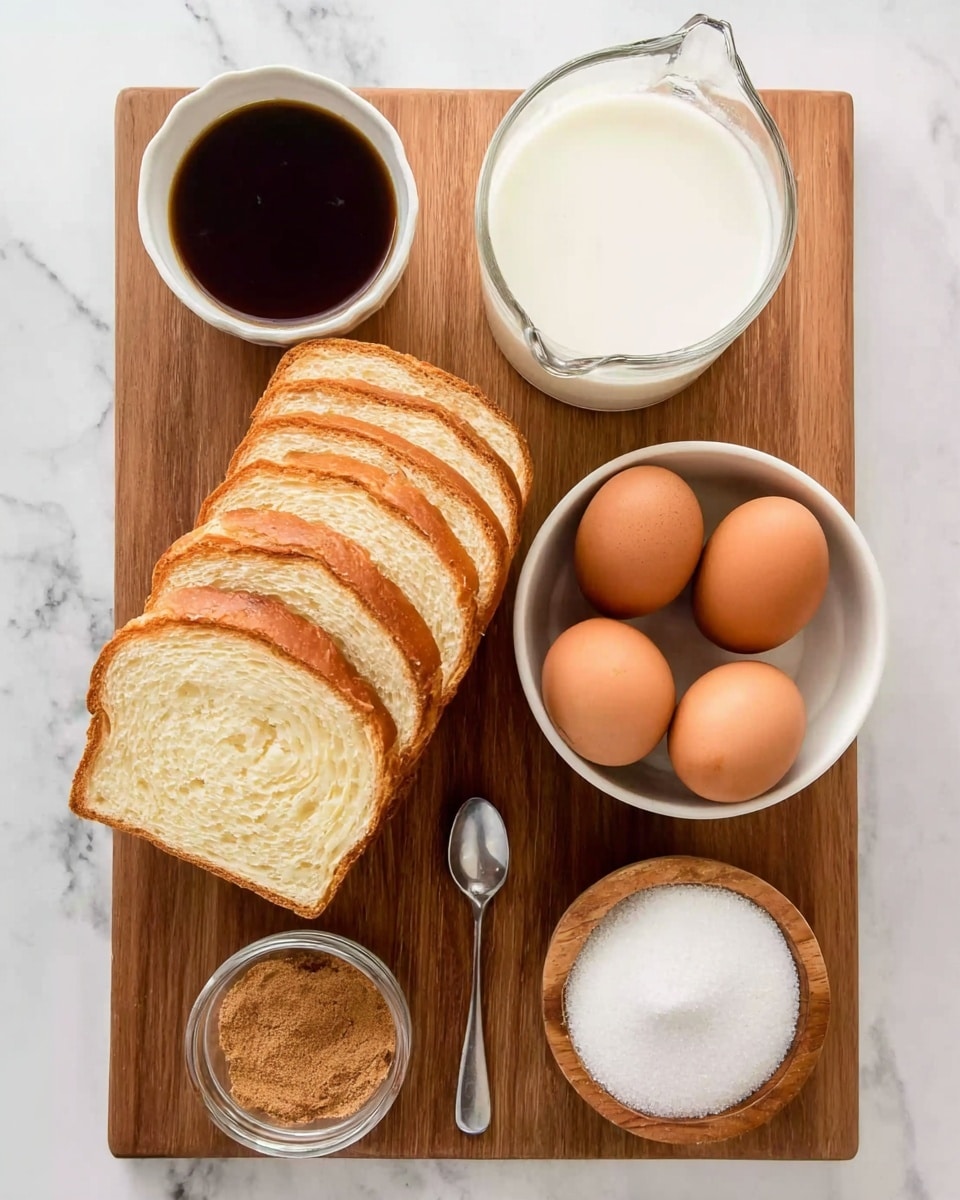 A wooden board placed on a white marbled surface holds several ingredients arranged neatly: a stack of nine slices of light golden brown bread on the left side, next to a clear glass jug filled with white milk at the top center. Below the jug is a white bowl containing four brown eggs arranged closely together. To the right of the bread and below the bowl is a silver spoon filled with a brown powder, and next to it is a small wooden bowl filled with white granulated sugar. At the top left corner of the board, a white bowl contains a dark brown liquid. Photo taken with an iphone --ar 4:5 --v 7
