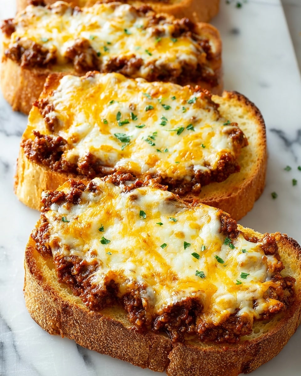 The image shows four slices of toasted bread with three layers on each slice, placed in a line on a white marble surface. The bottom layer is thick, golden brown toasted bread with a rough crust. The middle layer is a rich, dark brown meat sauce, spread thickly over the bread and slightly overflowing at the edges. The top layer is melted yellow and white cheese, spread evenly with some parts bubbling and slightly browned. Small green herb flakes are sprinkled on top of the cheese, adding a touch of color. Photo taken with an iphone --ar 4:5 --v 7