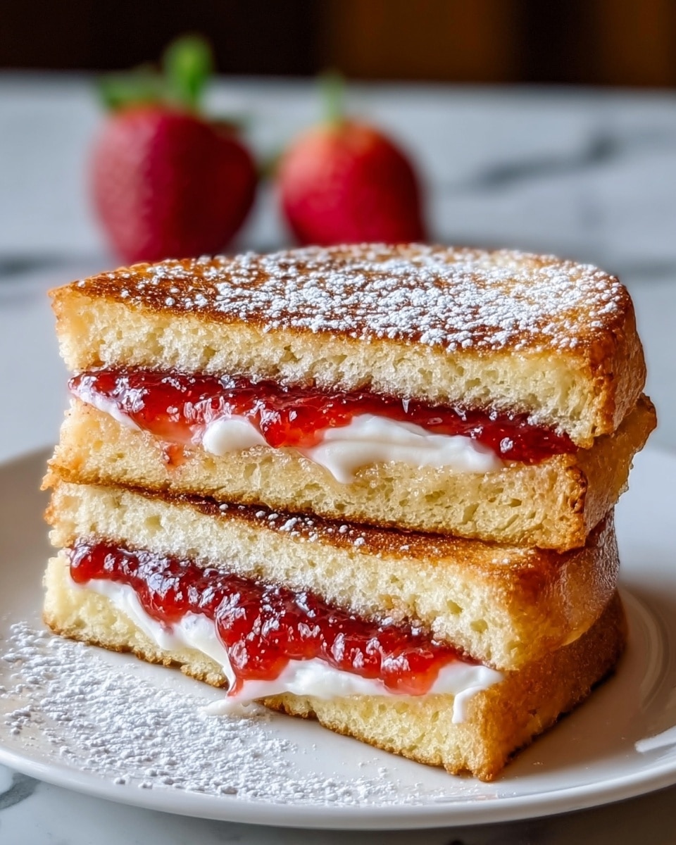 The image shows two stacked grilled cheese sandwiches cut in half and placed on a white plate. Each sandwich has three layers: the top and bottom layers are golden-brown toasted bread with a slightly crispy texture, the middle layer has white melted cheese, and just below the cheese is a layer of bright red jam or jelly. The sandwiches are dusted with a light powdered sugar on top. In the background, there are fresh red strawberries adding a pop of color, and the plate sits on a white marbled surface. The photo is taken with an iphone --ar 4:5 --v 7