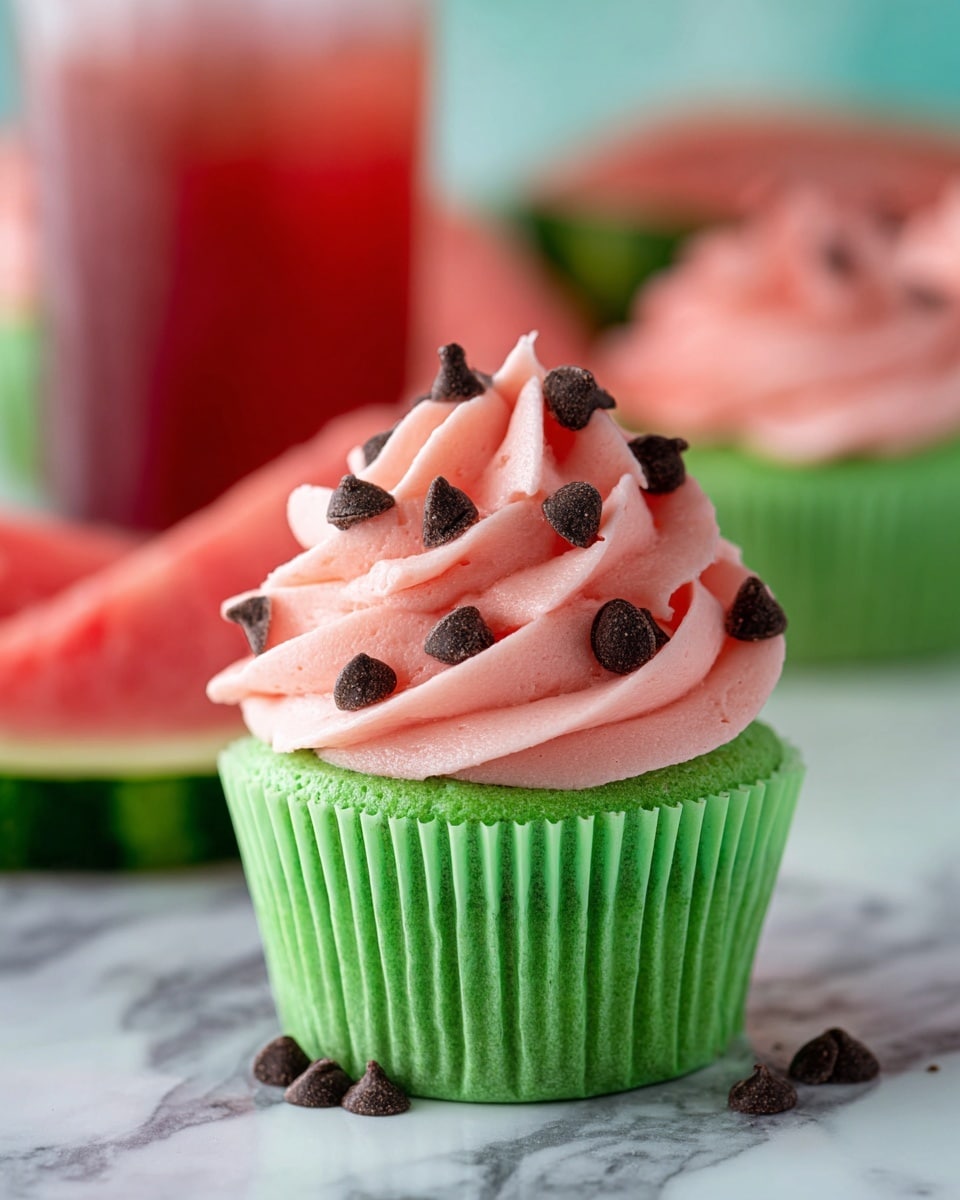 A cupcake with two main layers: the bottom cake layer is bright green with a soft and fluffy texture and holds its shape in a bright green paper liner, topped with a thick swirl of smooth pink frosting that spirals upward in a flower-like shape, decorated with small dark chocolate chips scattered evenly over the frosting, all set on a white marbled surface, photo taken with an iphone --ar 4:5 --v 7