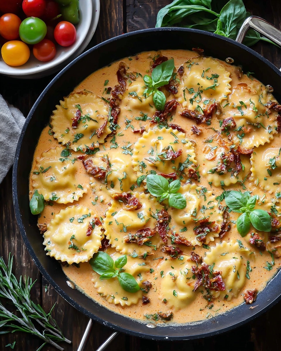 The image shows a black skillet filled with round ravioli pieces in a creamy, light orange sauce. There are about a dozen ravioli with yellow pasta edges and a smooth texture in the sauce. The creamy sauce has small bits of sun-dried tomatoes and green herbs sprinkled throughout. Fresh small green basil leaves are placed on top of the ravioli, adding vibrant green color. The skillet is set on a dark wooden surface with a white bowl holding red, orange, and green small tomatoes to the left side, alongside a sprig of rosemary. Photo taken with an iphone --ar 4:5 --v 7
