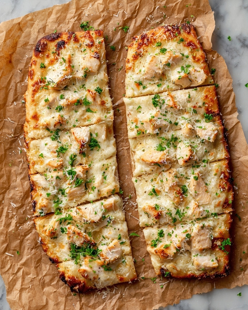 Two rectangular flatbreads are placed side by side on crumpled brown parchment paper over a white marbled surface. Each flatbread is sliced into about six pieces, showing a golden-brown crust with a crispy and slightly charred texture along the edges. The flatbreads are topped with a creamy white cheese layer that is melted and bubbly, with some browned spots. Small chunks of light-colored chicken pieces are scattered evenly across the top. Bright green chopped parsley is sprinkled over the cheese, adding fresh color, along with a light dusting of grated cheese for extra texture. The photo taken with an iphone --ar 4:5 --v 7