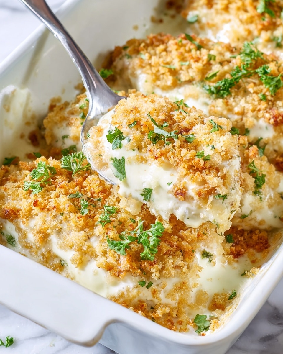 The dish is shown in a white rectangular baking dish with three large pieces layered with creamy white sauce covered by a crumbly, golden-brown topping. The texture of the topping is rough and uneven, with small baked crumbs scattered over the sauce. Fresh green parsley leaves are sprinkled lightly on top, adding bright green color. A shiny silver spoon is scooping one piece, slightly lifting it, revealing the thick layer of sauce and crunchy topping. The background surface is white marbled texture. photo taken with an iphone --ar 4:5 --v 7