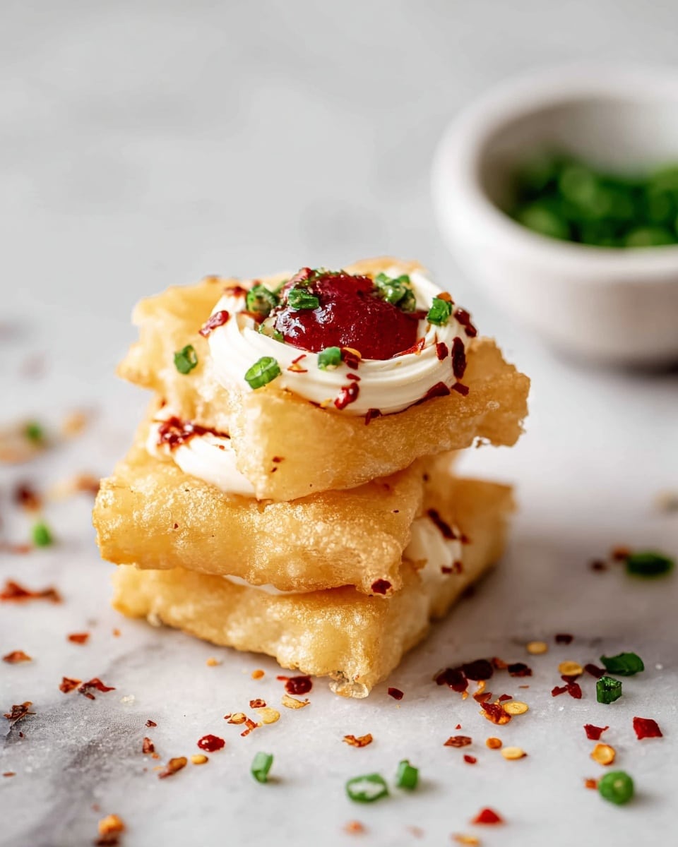There are three square-shaped, light golden crispy pieces stacked on top of each other on a white marbled surface. On the top square, there is a swirl of white creamy sauce with a dollop of red sauce on it. Small green chopped herbs and red chili flakes are sprinkled over the white creamy sauce and around the stack on the surface. In the background, a white bowl with some green chopped herbs is slightly blurred, adding depth to the image. Photo taken with an iphone --ar 4:5 --v 7