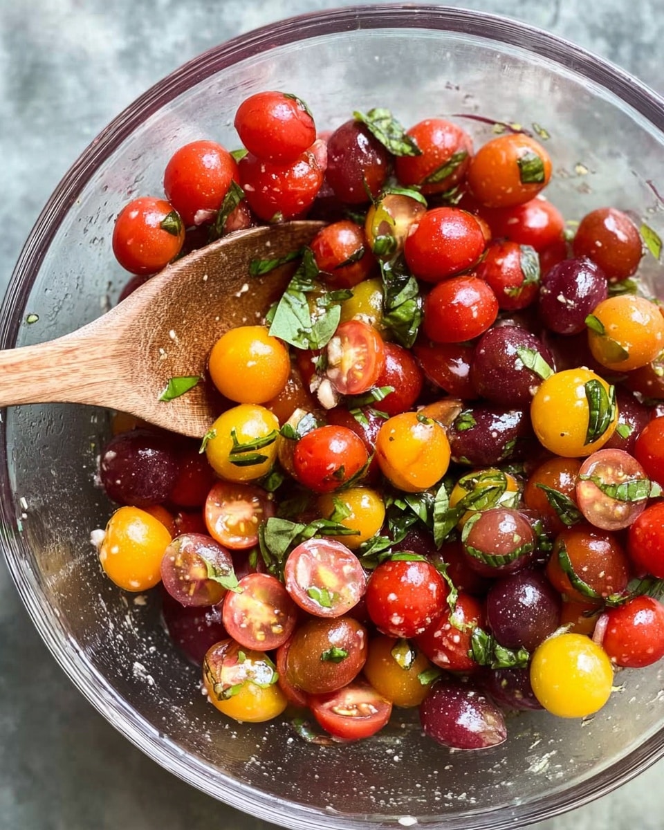 A clear glass bowl filled with a colorful mix of halved cherry tomatoes in red, yellow, and dark purple shades. The tomatoes are mixed with torn green basil leaves, creating a fresh and vibrant look. A wooden spoon rests inside the bowl, partially covered by the tomates and basil. The bowl is set against a textured surface which will be imagined as white marbled in the generated image. Photo taken with an iphone --ar 4:5 --v 7