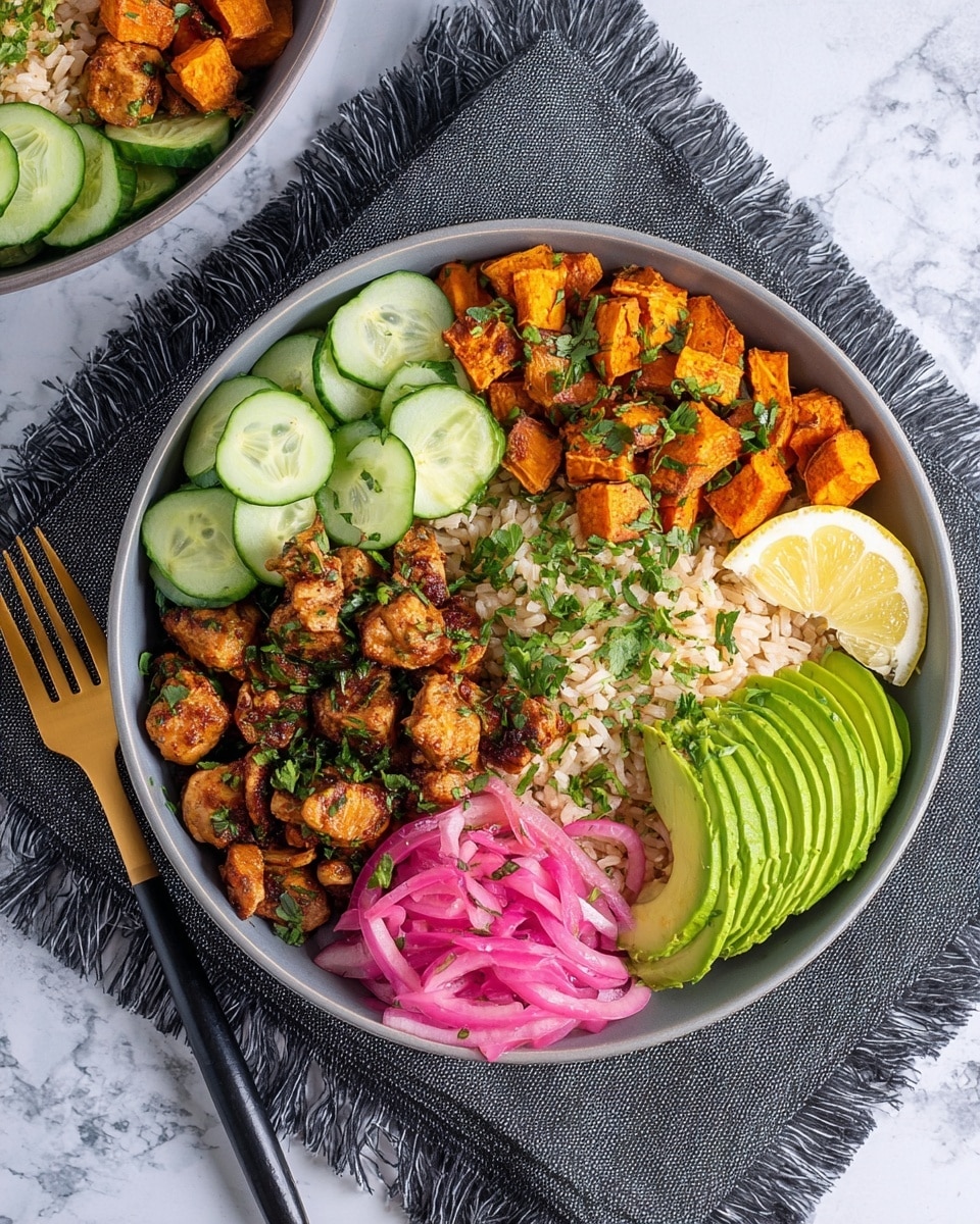A grey bowl filled with six distinct layers arranged side by side: on the top left, slices of light green cucumber; on the top right, cubed orange roasted sweet potatoes sprinkled with chopped green herbs; in the center, a section of fluffy light brown rice; next to the rice on the left, dark brown softly cooked small chicken pieces topped with green herbs; below the rice, bright pink pickled onions; and on the bottom right, fan-shaped slices of fresh bright green avocado with a light shine. A small wedge of lemon sits on the rice near the cucumbers. The bowl is placed on a dark grey cloth with fringed edges, and to its left, a two-toned fork with a gold top and a black handle rests on the cloth. The background surface has a white marbled texture. Photo taken with an iphone --ar 4:5 --v 7