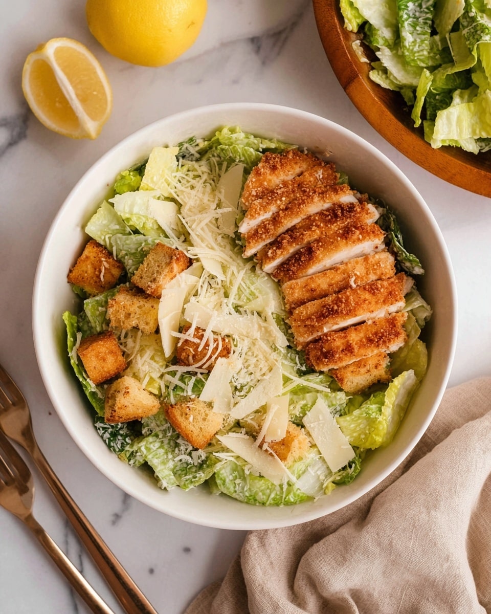 A white bowl holds a Caesar salad with three main layers: the bottom layer is light green romaine lettuce leaves coated with creamy dressing, the middle layer has golden brown croutons scattered evenly, and the top layer features sliced crispy breaded chicken with a golden crust placed on one side and thin strips of pale yellow Parmesan cheese sprinkled over all. The bowl sits on a white marbled surface, with a half lemon to the left, a fork to the right, and part of a wooden bowl with more lettuce visible in the top right corner. A soft beige cloth is casually placed near the bottom left of the image. Photo taken with an iphone --ar 4:5 --v 7