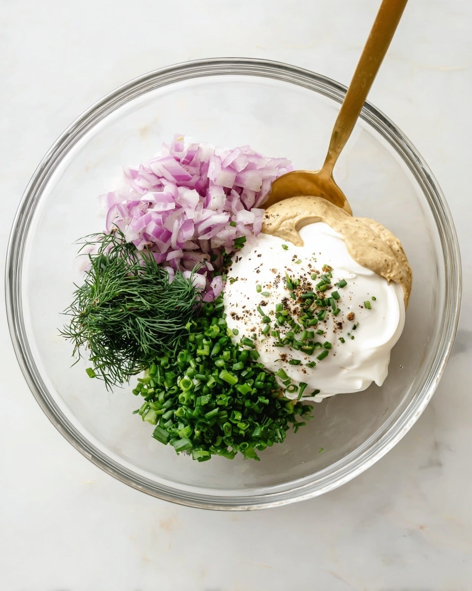 A clear glass bowl shows five main layers of ingredients resting side by side. On the left, finely chopped pale purple and white onions sit next to a small pile of dark green fresh dill. Below them, a heap of chopped bright green chives fills the bottom left part of the bowl. To the right, there is a large dollop of thick white creamy yogurt, topped lightly with some black pepper and more chopped chives. Above the yogurt, a tan-colored creamy mustard sits near a gold spoon that rests inside the bowl. The bowl is placed on a white marbled surface. photo taken with an iphone --ar 4:5 --v 7