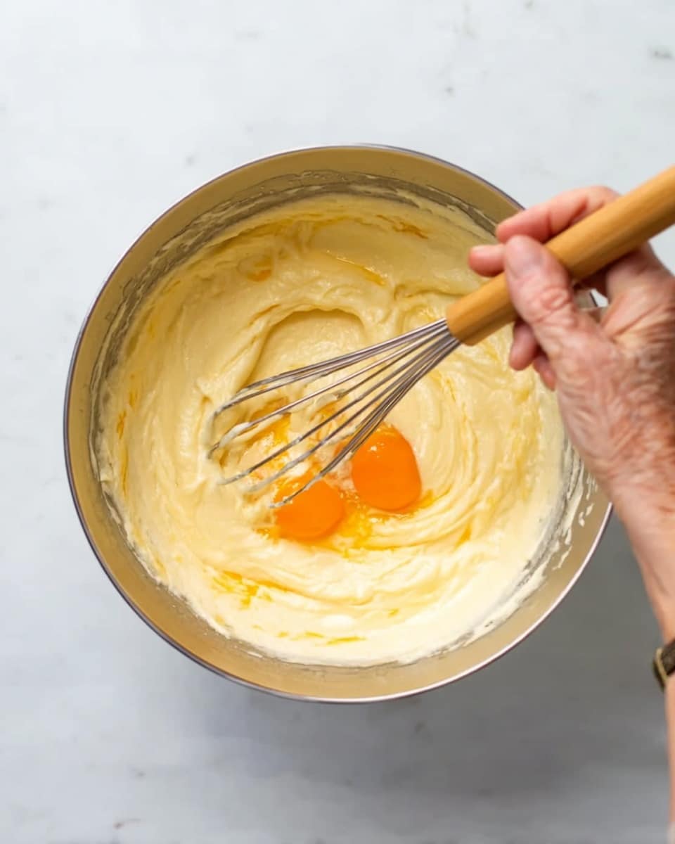 A close-up top view of a large silver mixing bowl with a thick, pale yellow batter inside. A bright orange egg yolk sits on the surface of the batter near the center, partially blended in. A woman's hand firmly holds a light wooden-handled metal whisk, stirring the mixture with visible movement. The bowl rests on a white marbled surface, providing a clean and simple background. Photo taken with an iphone --ar 4:5 --v 7