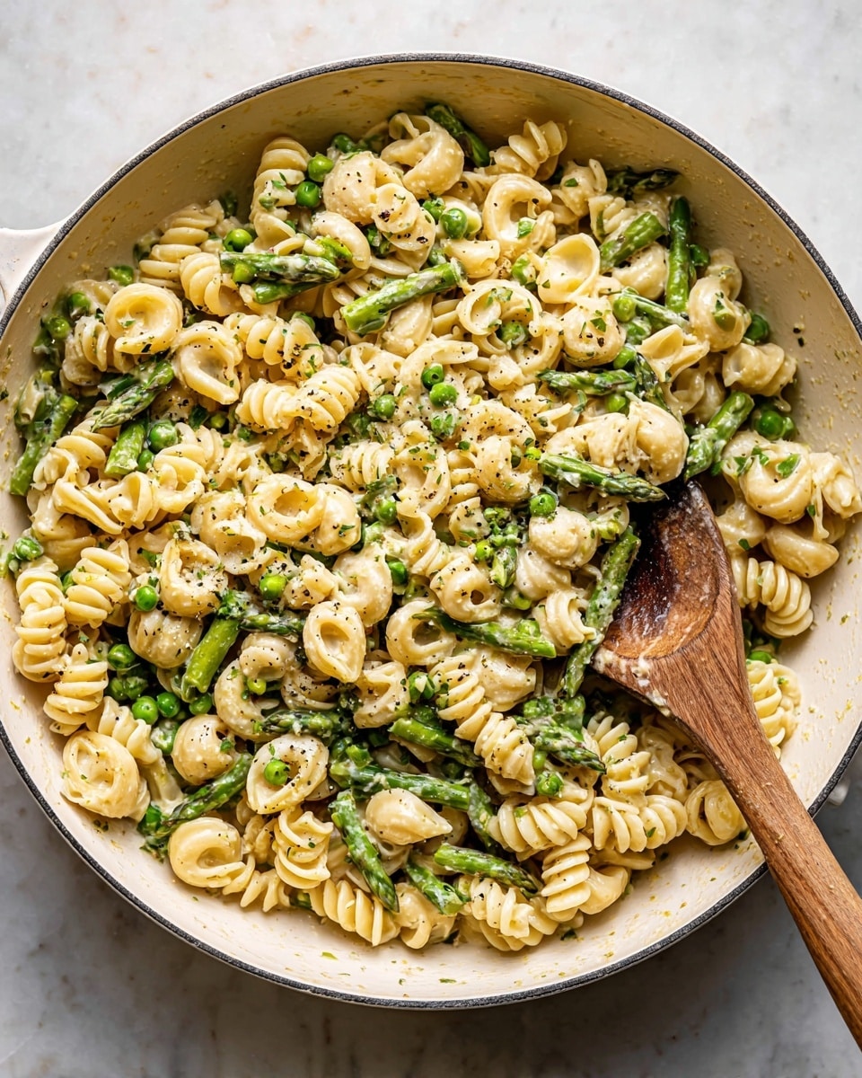 A large white pan filled with small round spiral pasta in a creamy light beige sauce, mixed with bright green peas and cut green asparagus pieces. The pasta is evenly coated with sauce and sprinkled with small green herb bits and black pepper. A wooden spoon is placed inside the pan on the right side, partly covered by the pasta mix. The pan sits on a white marbled surface, and the overall look is warm and fresh. photo taken with an iphone --ar 4:5 --v 7