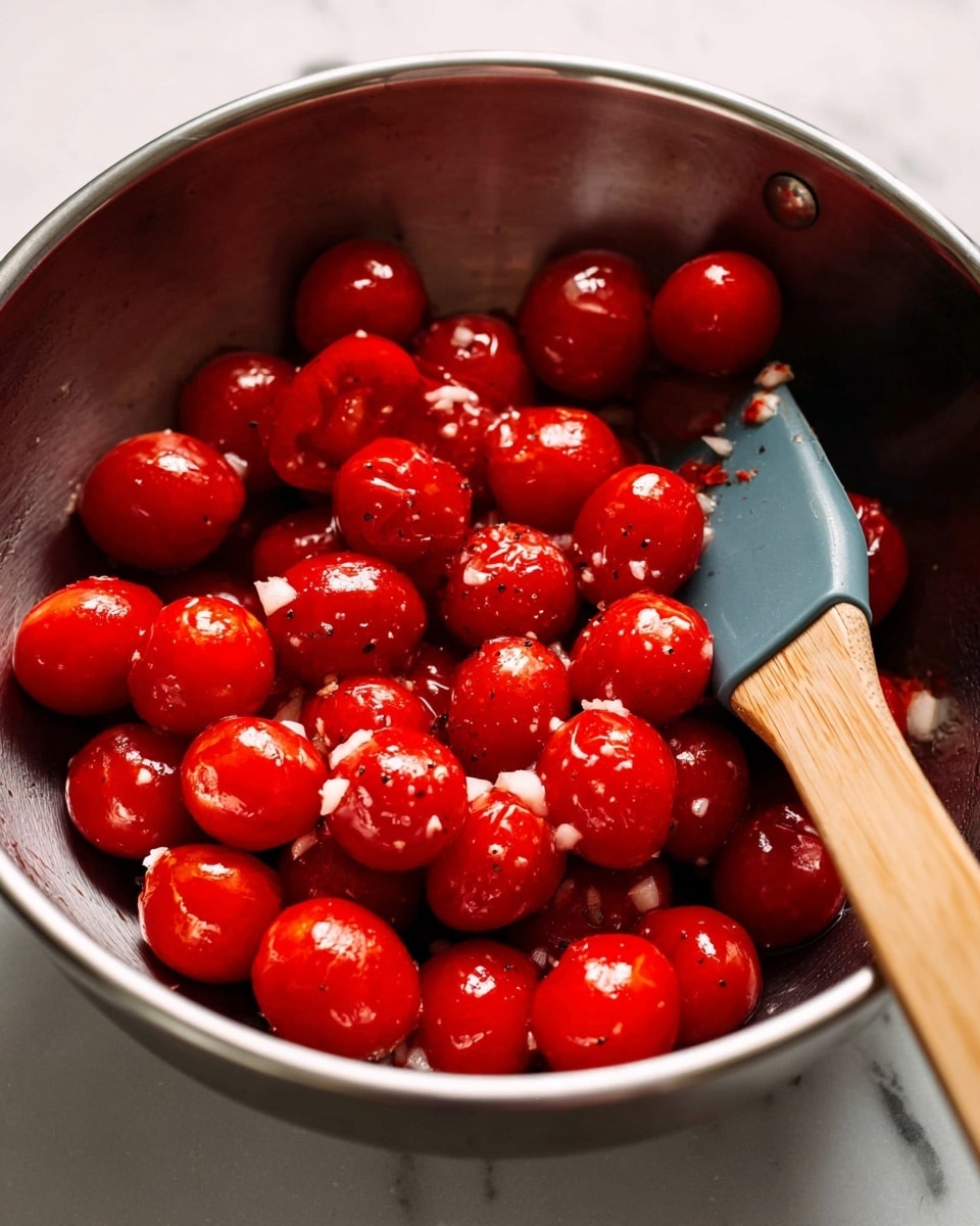 The image shows a close-up of a silver metal bowl filled with bright red cherry tomatoes mixed with small pieces of minced garlic and specks of black pepper. The tomatoes look shiny and fresh, resting at the bottom of the bowl with a smooth texture. A blue silicone spatula with a wooden handle is placed inside the bowl on the right side, touching the tomatoes. The bowl sits on a white marbled surface, adding a clean and simple background to the scene. photo taken with an iphone --ar 4:5 --v 7