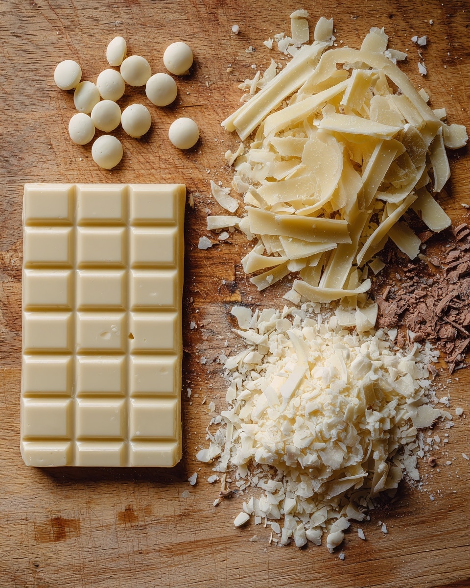 The image shows a wooden surface with three types of white chocolate arranged in separate areas. On the left, there is a block of white chocolate with clear square lines; near the top center, small round white chocolate pieces are scattered; on the right side, thin curls and shavings of white chocolate are loosely piled. The wood texture beneath shows some small chocolate crumbs. photo taken with an iphone --ar 4:5 --v 7
