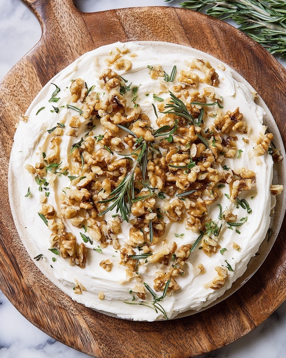 A creamy white spread is thickly swirled on a round white plate, forming the base layer. On top of this, a generous scattering of small, golden-brown chopped walnuts is spread evenly, adding a crunchy texture. Fresh green rosemary leaves are sprinkled throughout, introducing a touch of vibrant color and herbal detail. The plate is set on a wooden serving board, which contrasts with the creamy white spread and the white marbled surface underneath. The overall look is rustic yet fresh. Photo taken with an iphone --ar 4:5 --v 7
