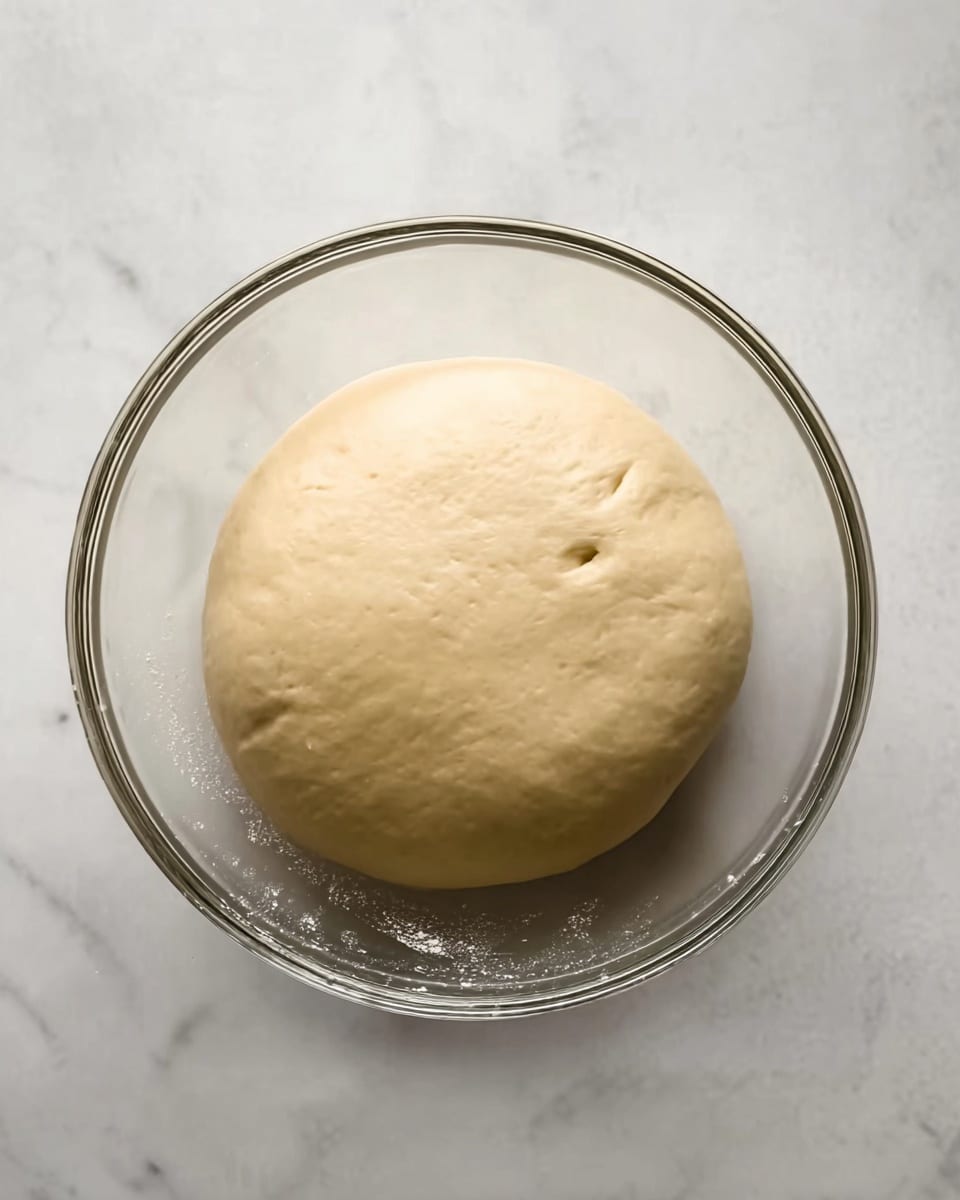 A round ball of smooth, pale beige dough sits in the center of a clear glass bowl. The dough has a soft, slightly shiny surface with two small indentations on the right side. The bowl is placed on a surface with a white marbled texture, creating a clean and bright setting. The image is shot from above, showing the even shape and texture of the dough inside the transparent bowl photo taken with an iphone --ar 4:5 --v 7